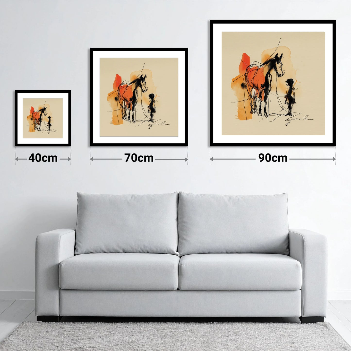 The Unspoken Bond - size guide showing 40cm, 70cm and 90cm art prints