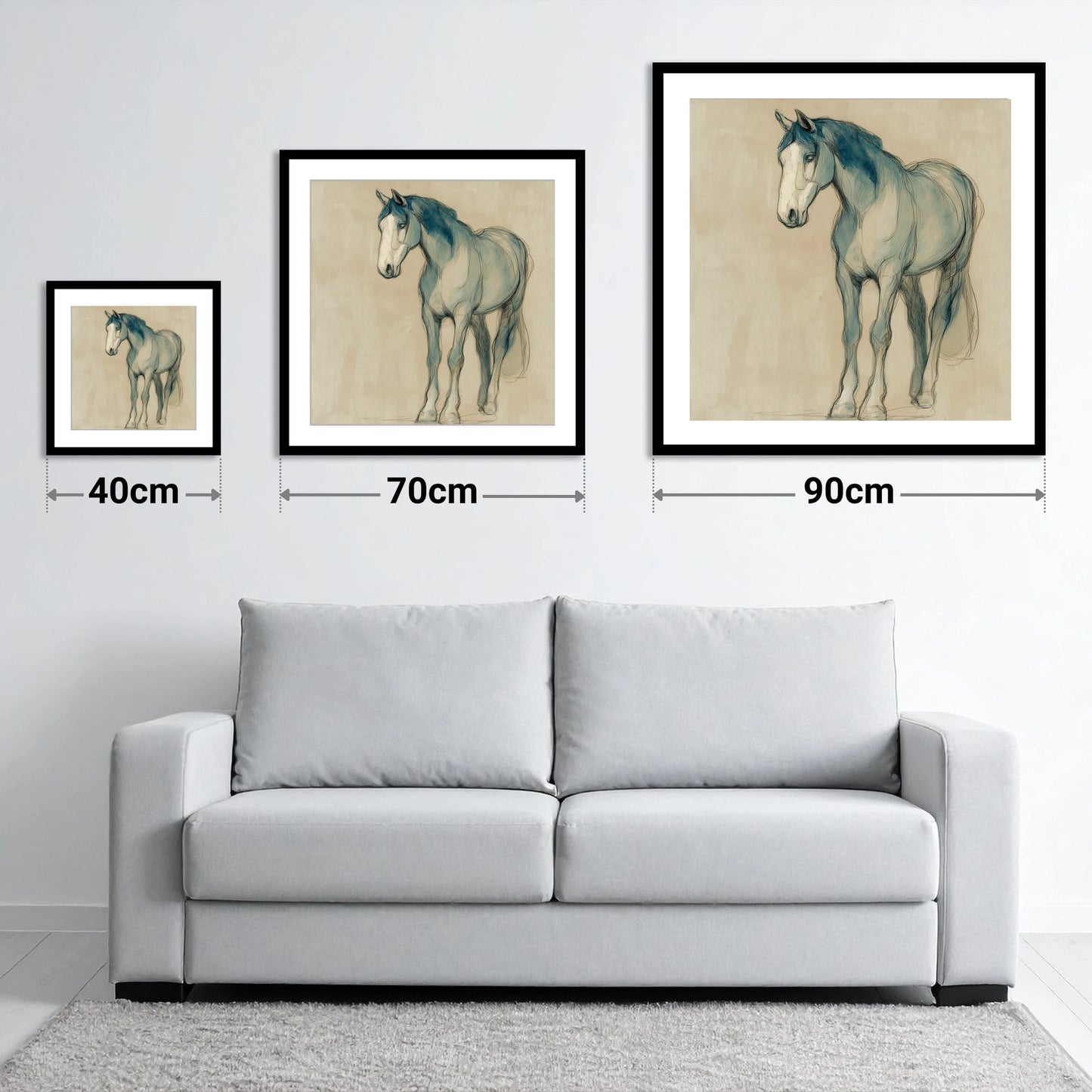 Azure Equine Sketch - size guide showing 40cm, 70cm and 90cm art prints