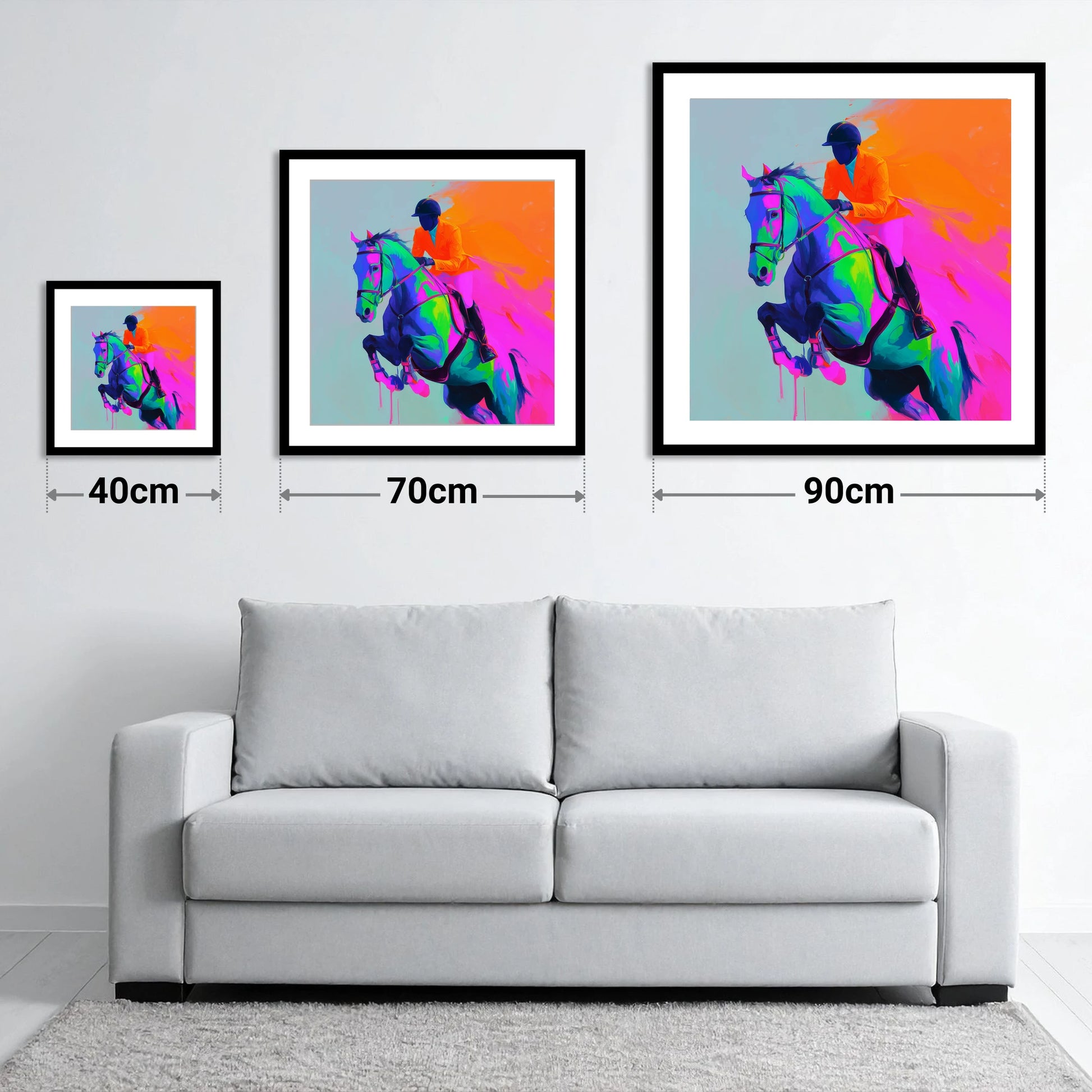 Technicolour Flight - size guide showing 40cm, 70cm and 90cm art prints