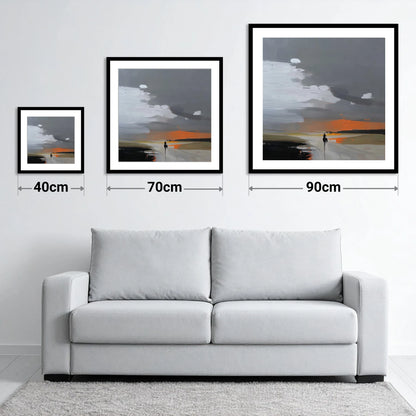 Into the Amber Dusk - size guide showing 40cm, 70cm and 90cm art prints