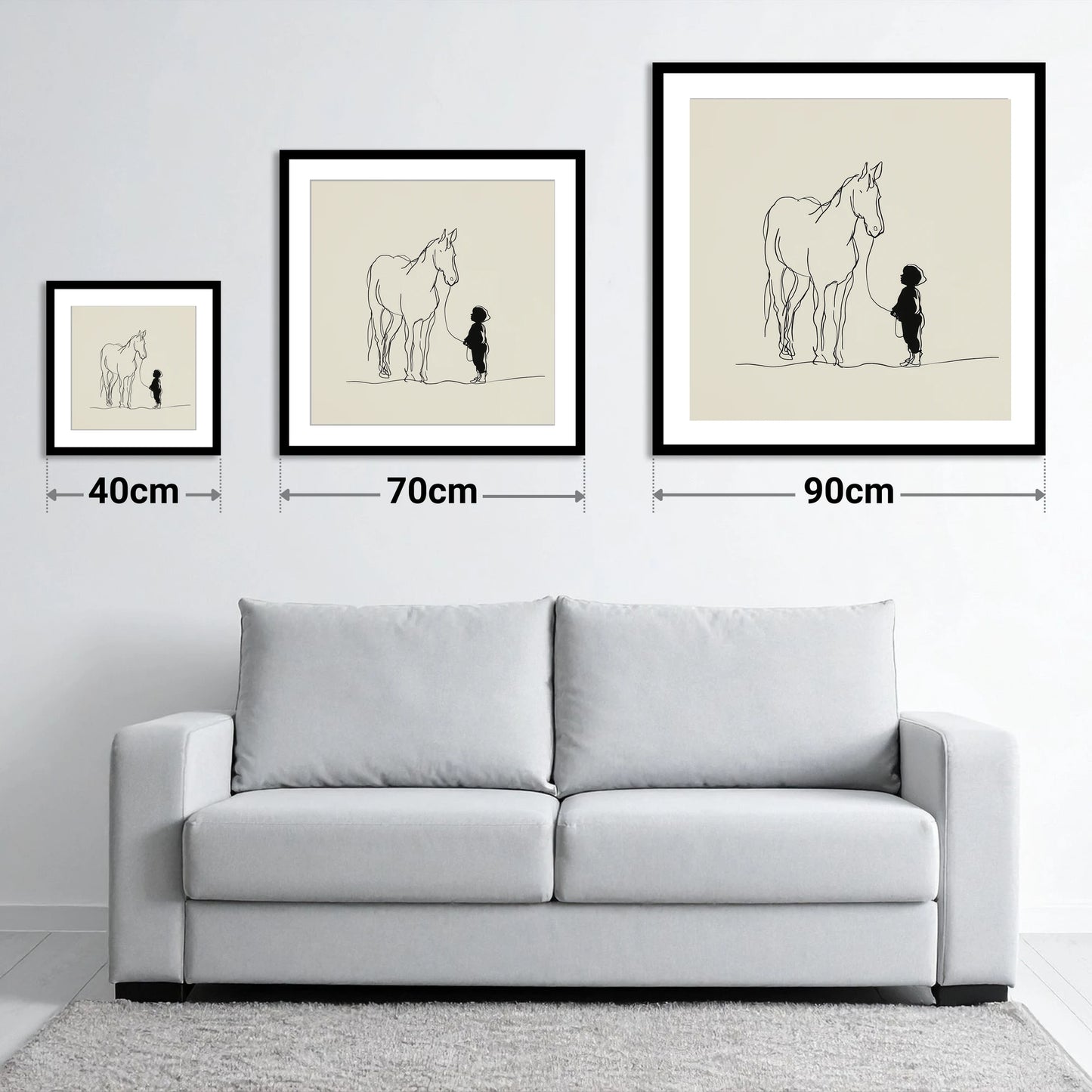 First Connection - size guide showing 40cm, 70cm and 90cm art prints
