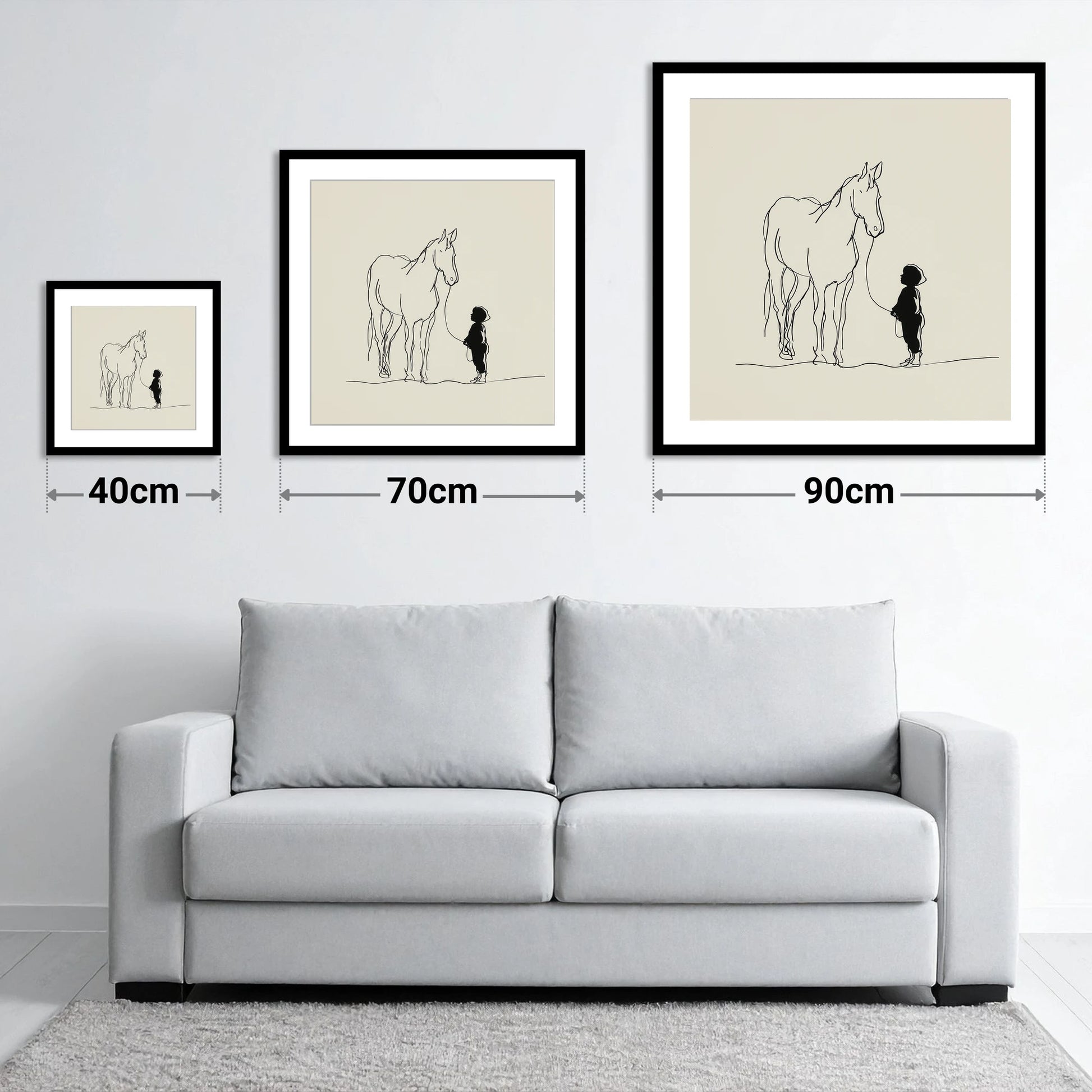 First Connection - size guide showing 40cm, 70cm and 90cm art prints