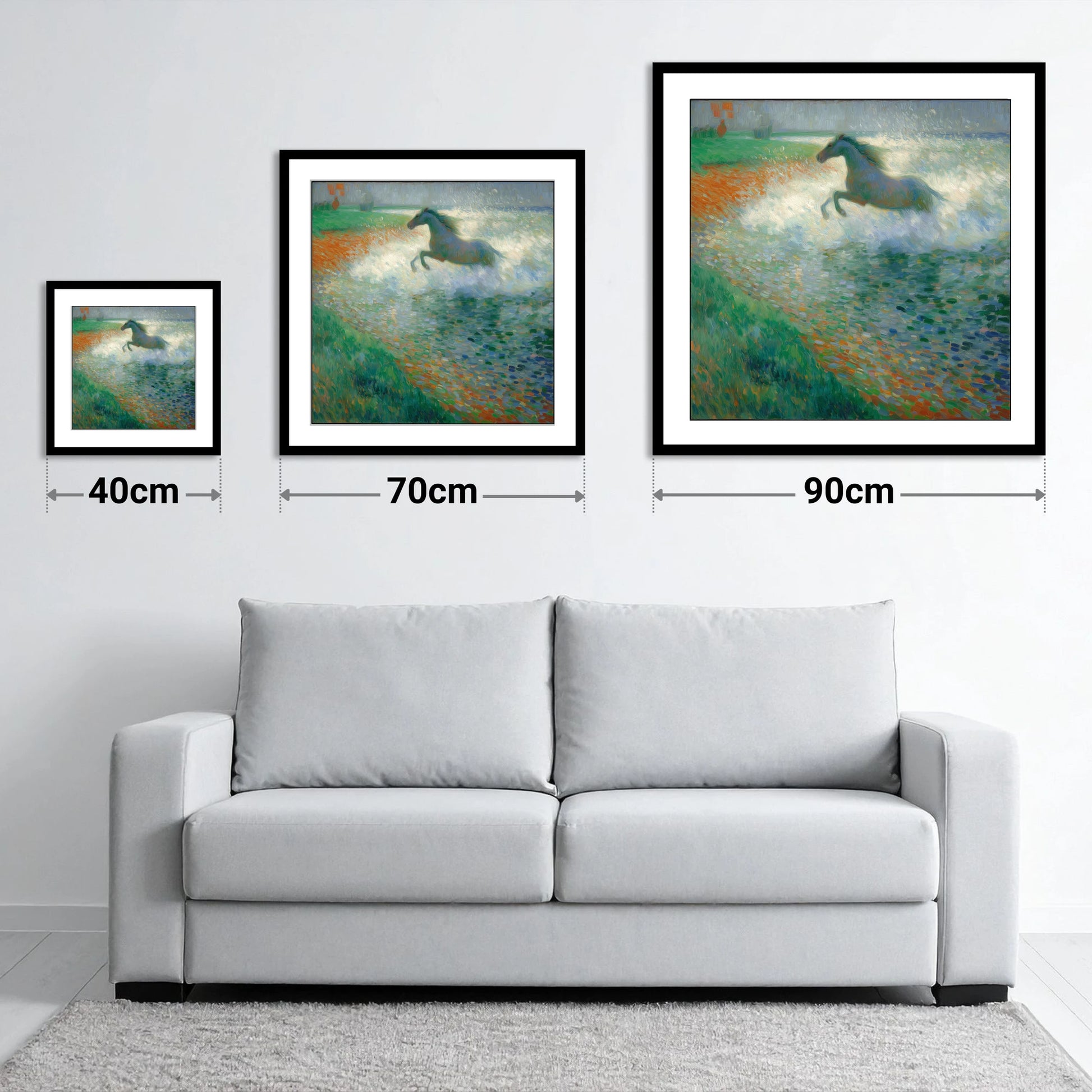 Luminous Surf Canter - size guide showing 40cm, 70cm and 90cm art prints