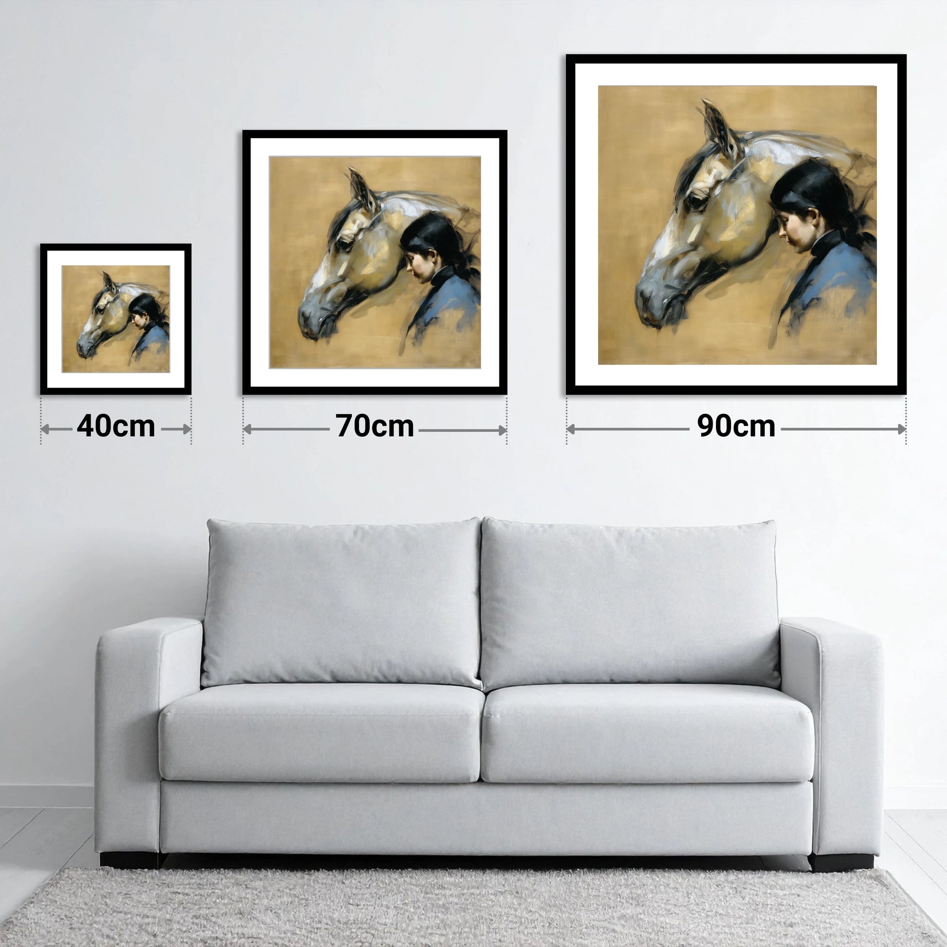 The Silent Bond - size guide showing 40cm, 70cm and 90cm art prints