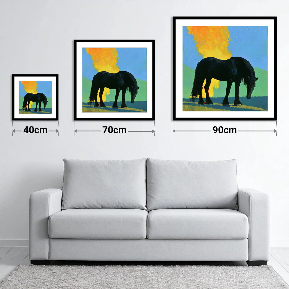 Black Heavy Horse Vibrant Landscape - size guide showing 40cm, 70cm and 90cm art prints