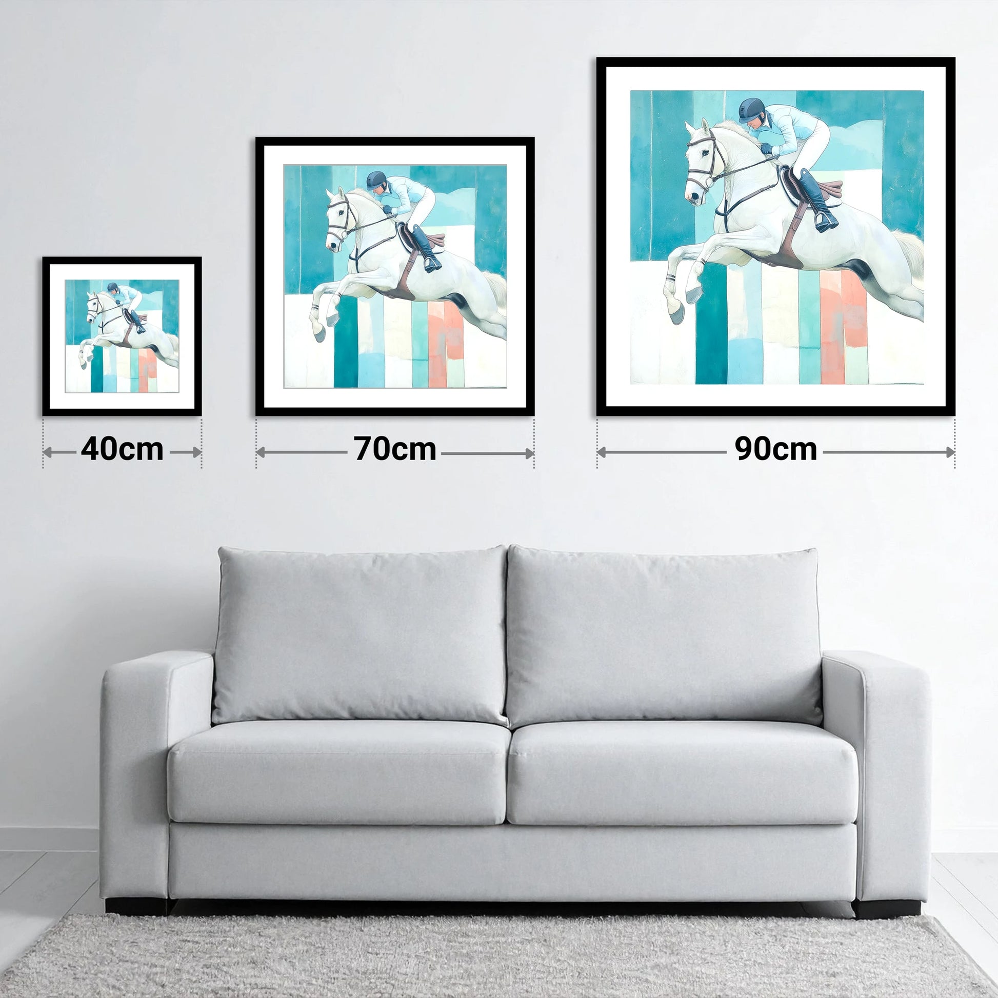 Aquamarine Ascent - size guide showing 40cm, 70cm and 90cm art prints