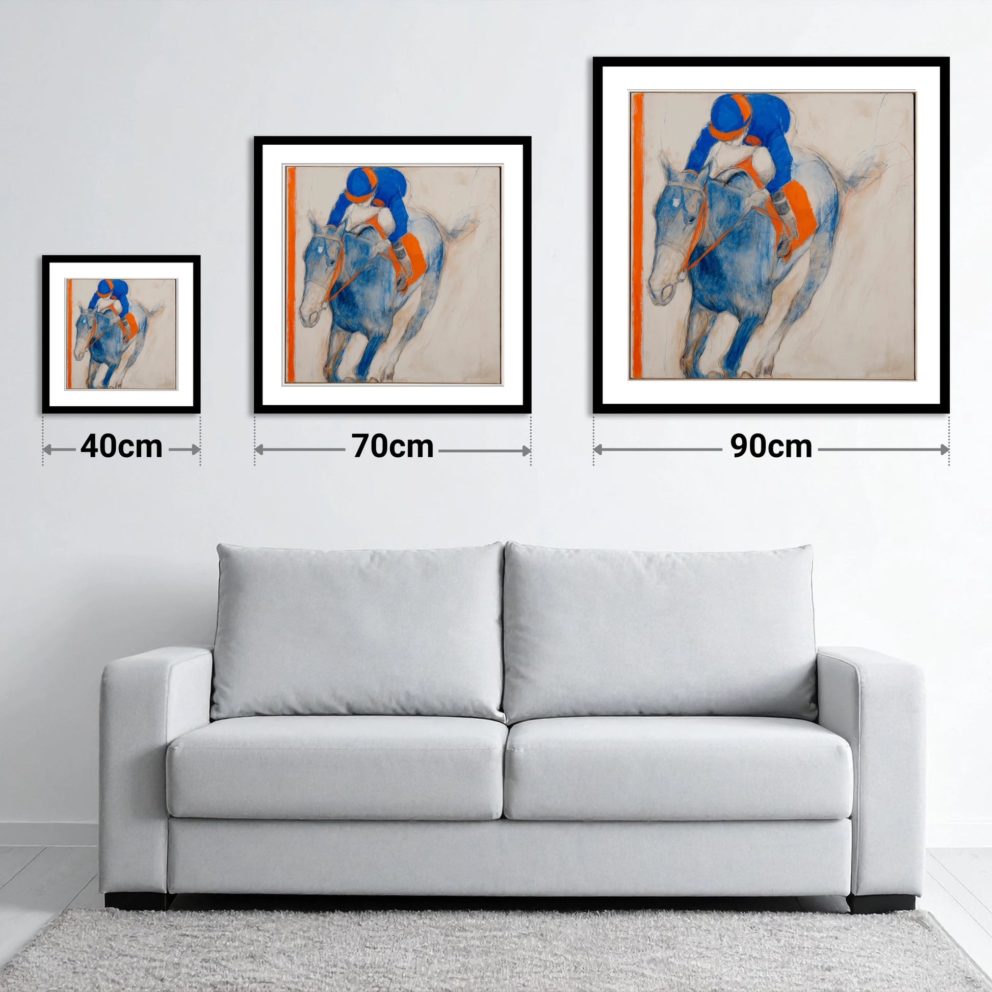 Ultramarine Gallop - size guide showing 40cm, 70cm and 90cm art prints