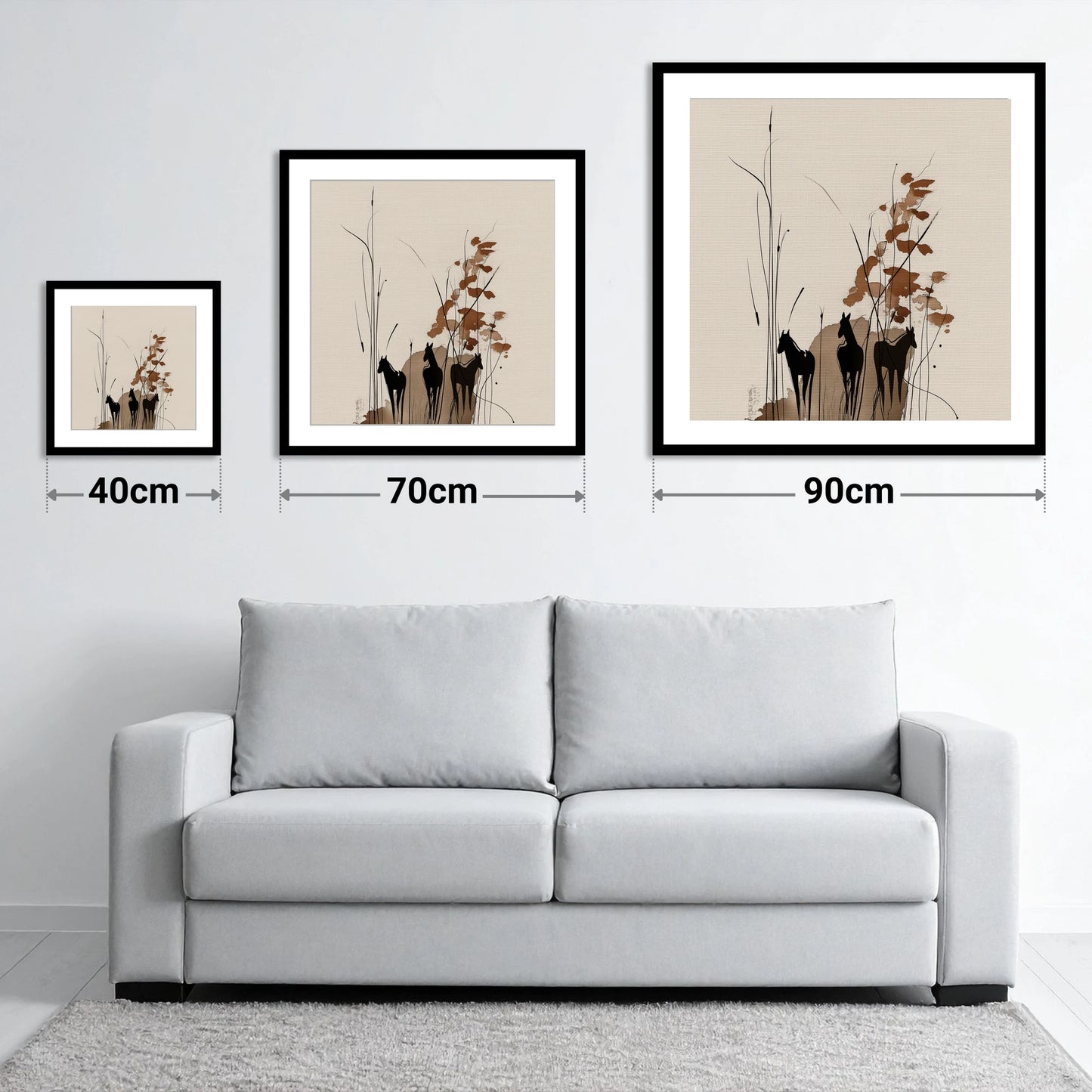 Serenity in the Reeds - size guide showing 40cm, 70cm and 90cm art prints