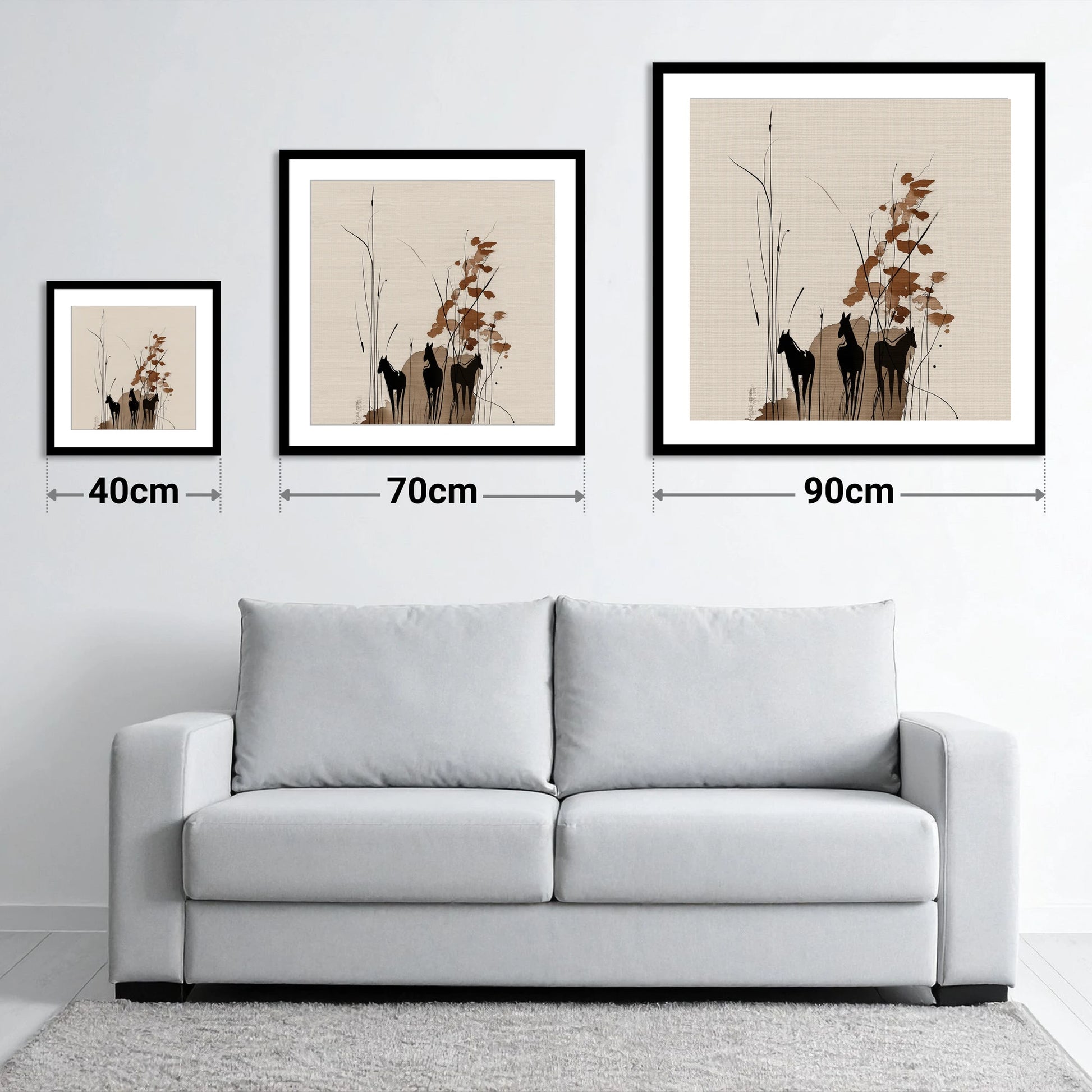 Serenity in the Reeds - size guide showing 40cm, 70cm and 90cm art prints
