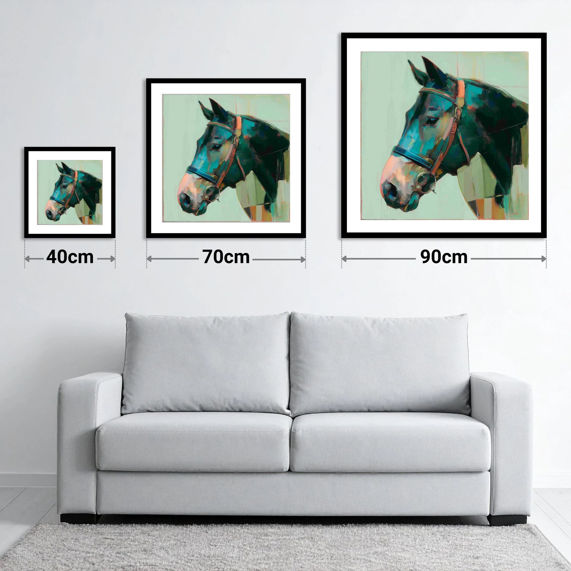 The Midnight Bridle - size guide showing 40cm, 70cm and 90cm art prints