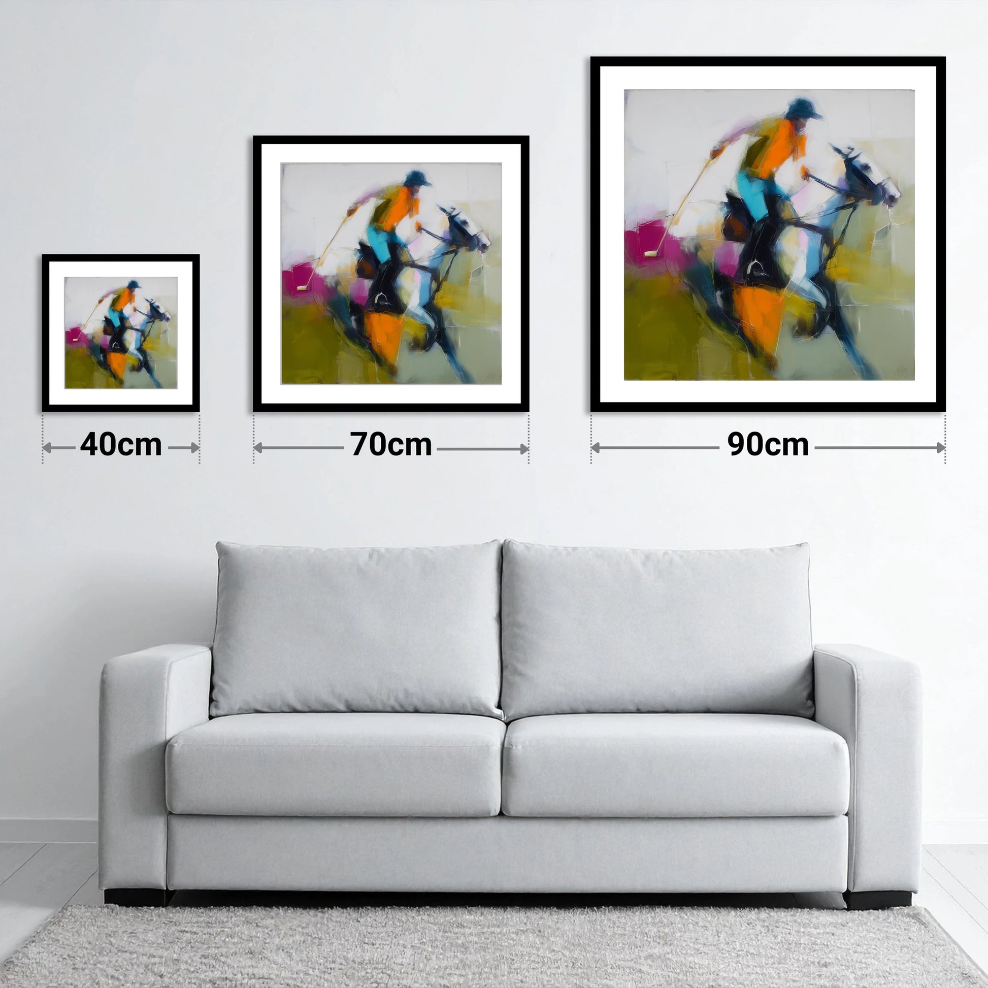 Midfield Momentum - size guide showing 40cm, 70cm and 90cm art prints
