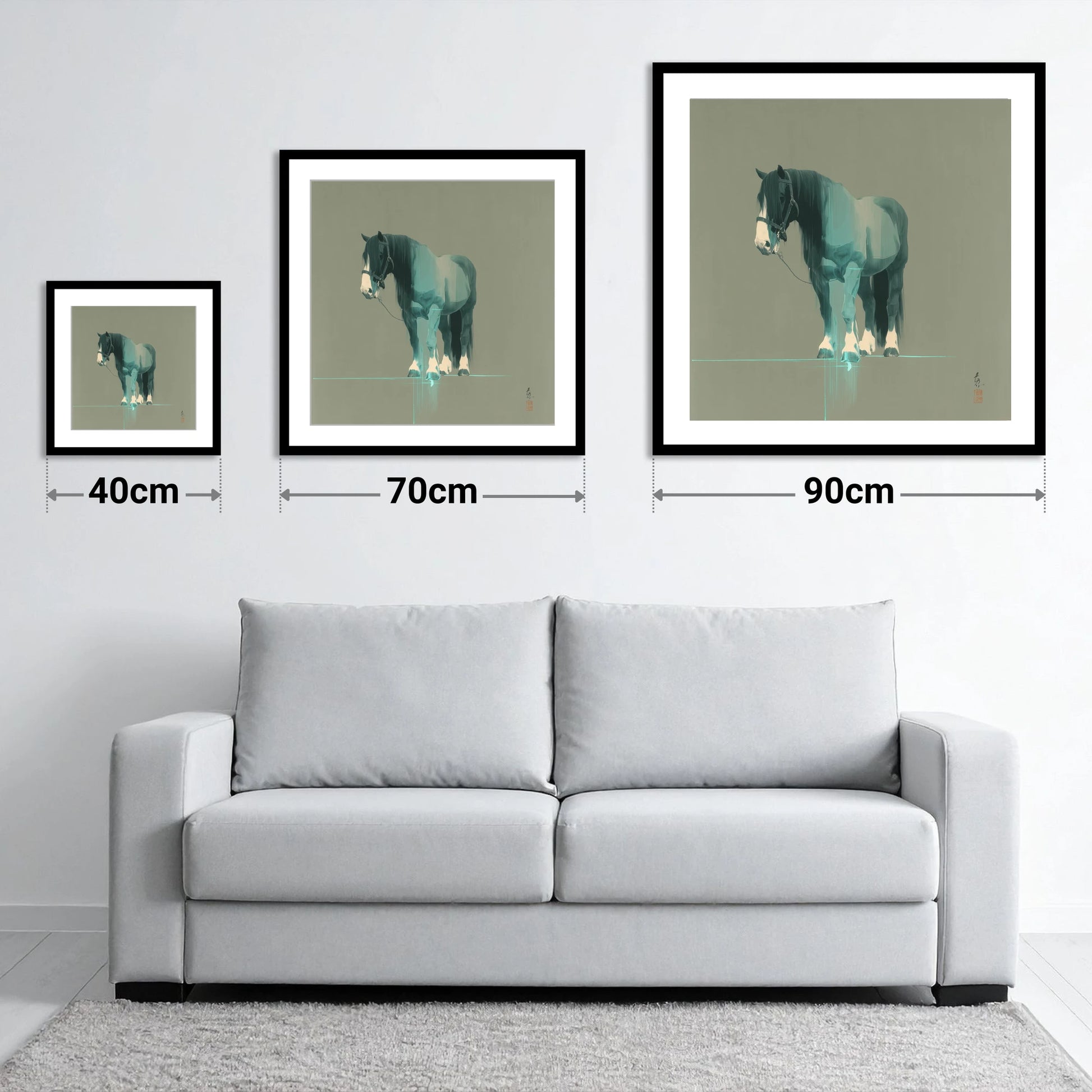 Teal Draught Silhouette - size guide showing 40cm, 70cm and 90cm art prints