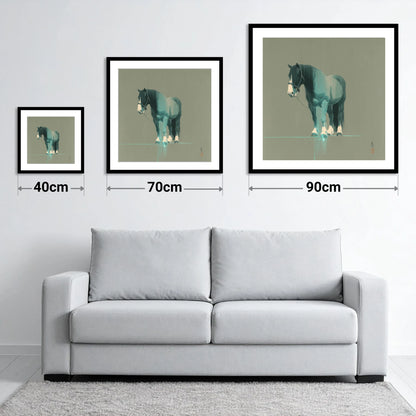 Teal Draught Silhouette - size guide showing 40cm, 70cm and 90cm art prints