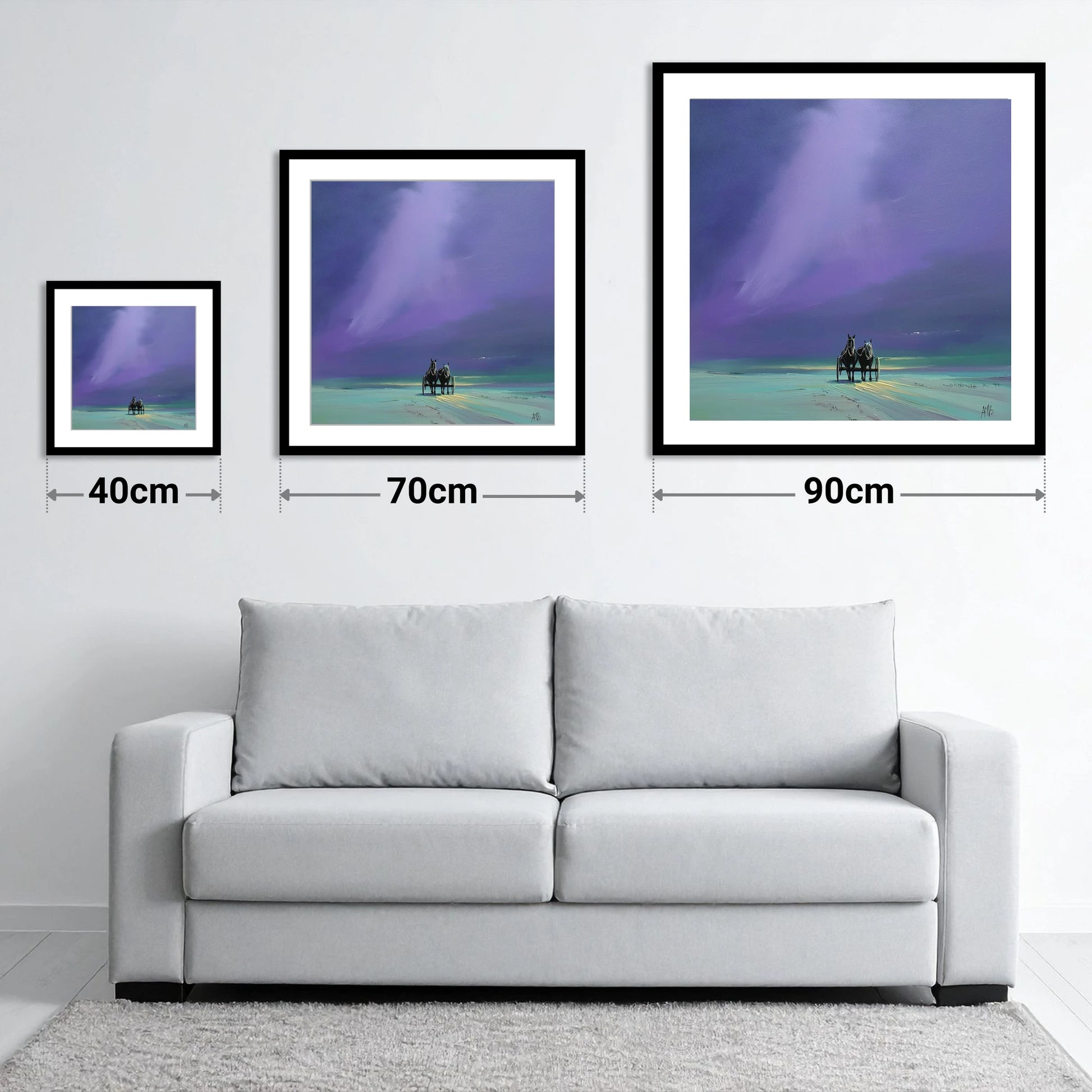 Twilight Harness - size guide showing 40cm, 70cm and 90cm art prints