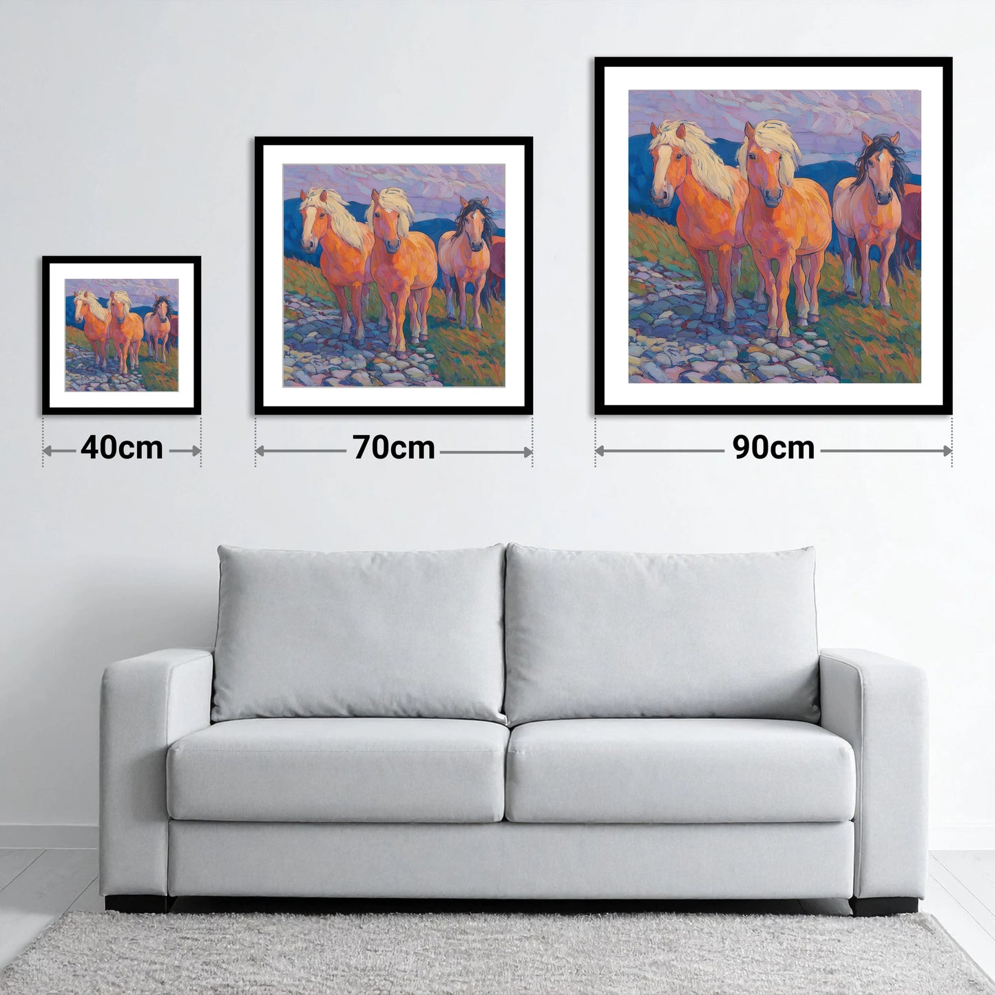 Painted Highland Herd - size guide showing 40cm, 70cm and 90cm art prints
