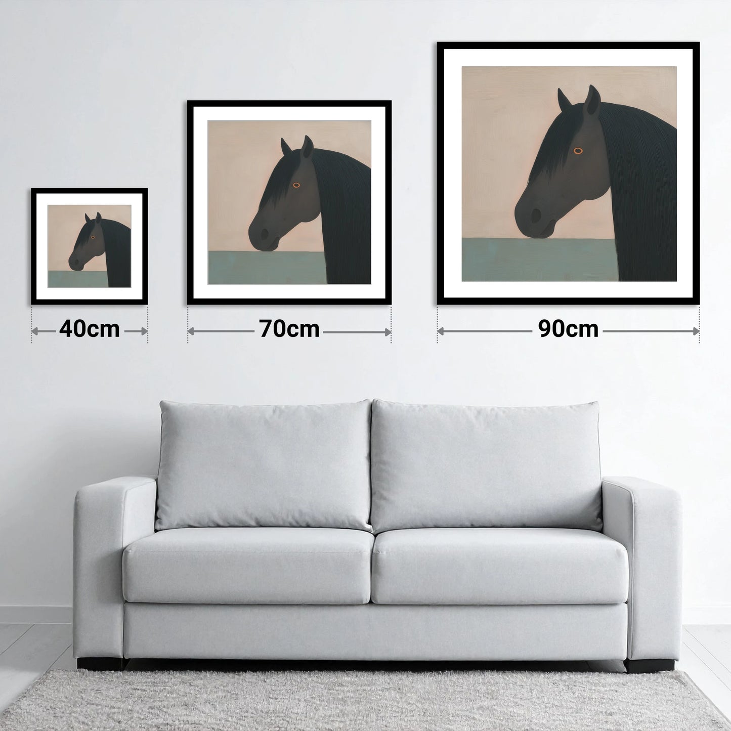 The Charcoal Profile - size guide showing 40cm, 70cm and 90cm art prints