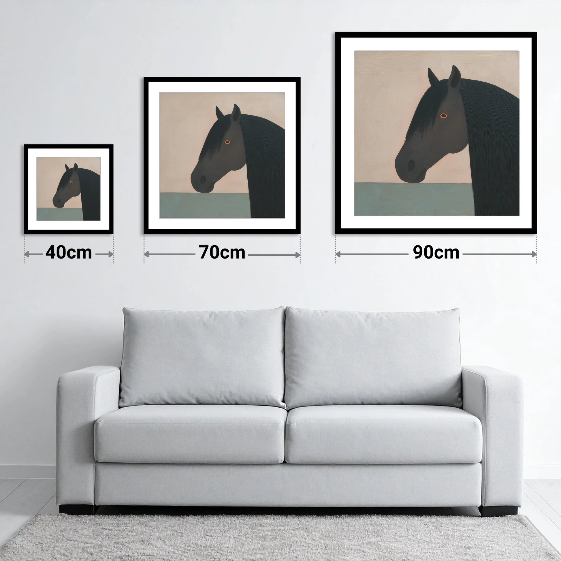 The Charcoal Profile - size guide showing 40cm, 70cm and 90cm art prints