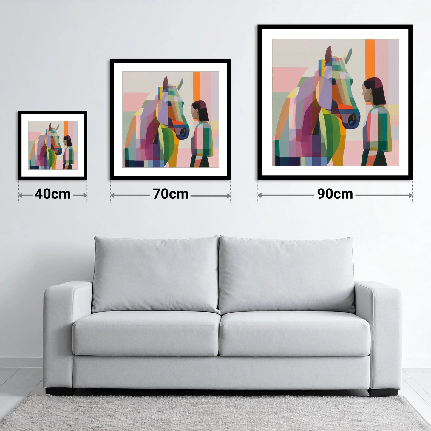 Prismatic Partnership - size guide showing 40cm, 70cm and 90cm art prints