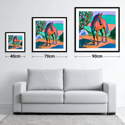 Vibrant Orange Standing Horse - size guide showing 40cm, 70cm and 90cm art prints