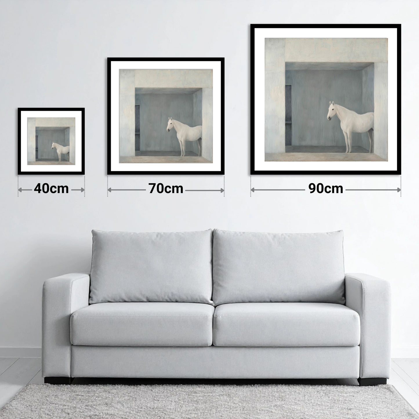The Quiet Stall - size guide showing 40cm, 70cm and 90cm art prints