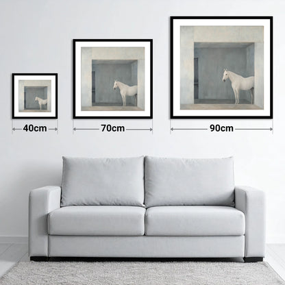 The Quiet Stall - size guide showing 40cm, 70cm and 90cm art prints