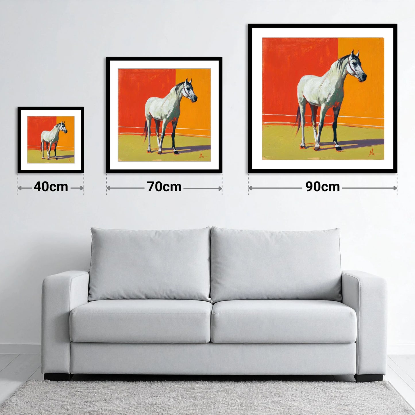 Radiance In Grey - size guide showing 40cm, 70cm and 90cm art prints