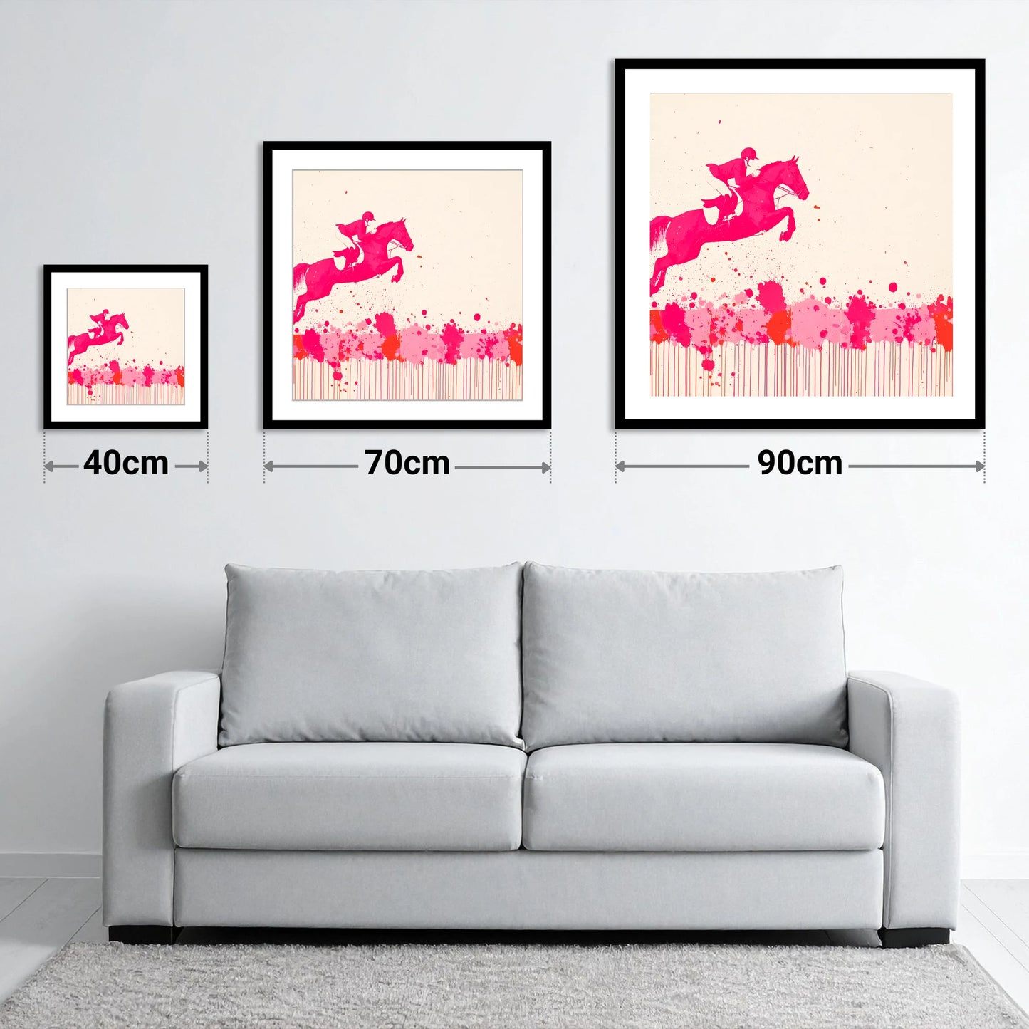 Magenta Flight - size guide showing 40cm, 70cm and 90cm art prints