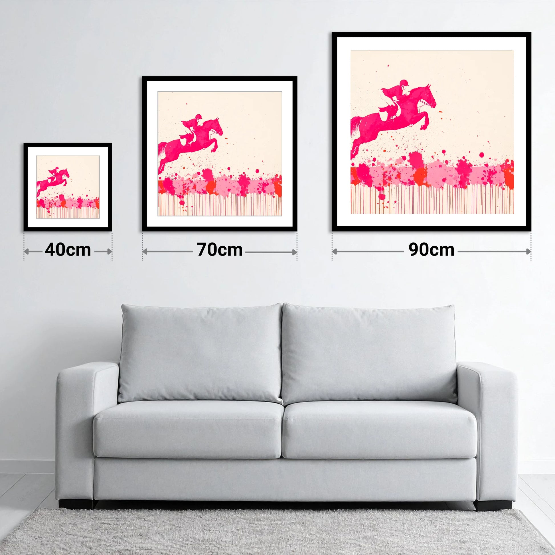 Magenta Flight - size guide showing 40cm, 70cm and 90cm art prints