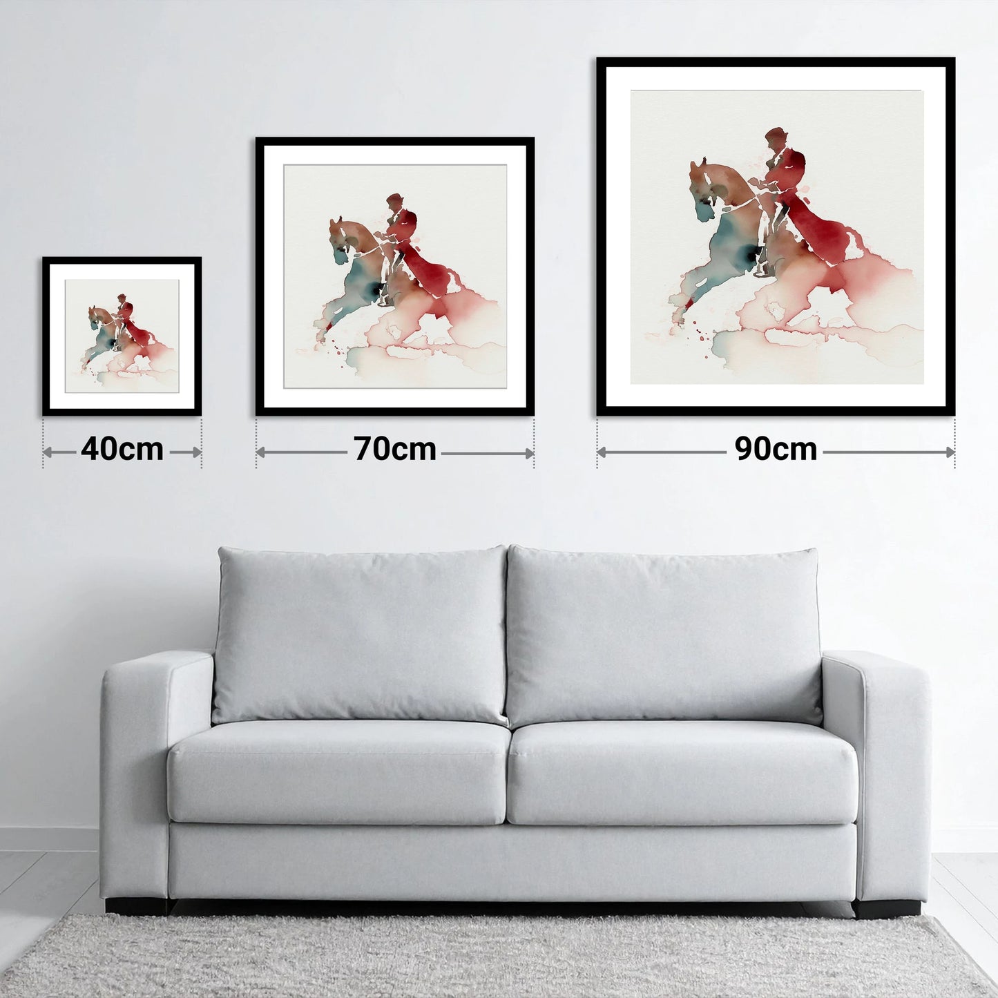 Crimson Passage - size guide showing 40cm, 70cm and 90cm art prints