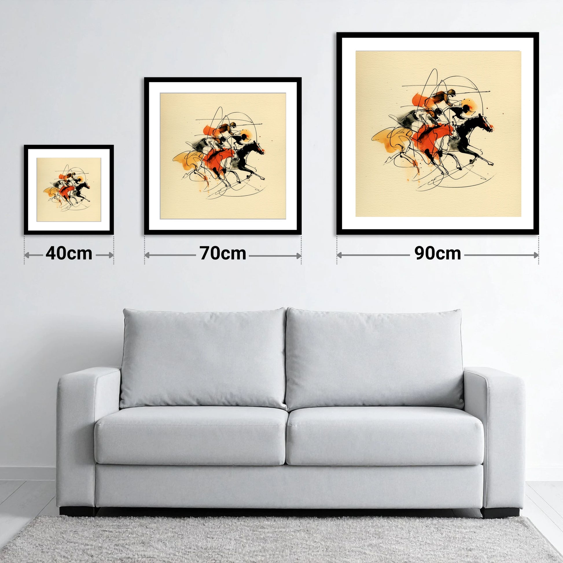 The Final Furlong - size guide showing 40cm, 70cm and 90cm art prints