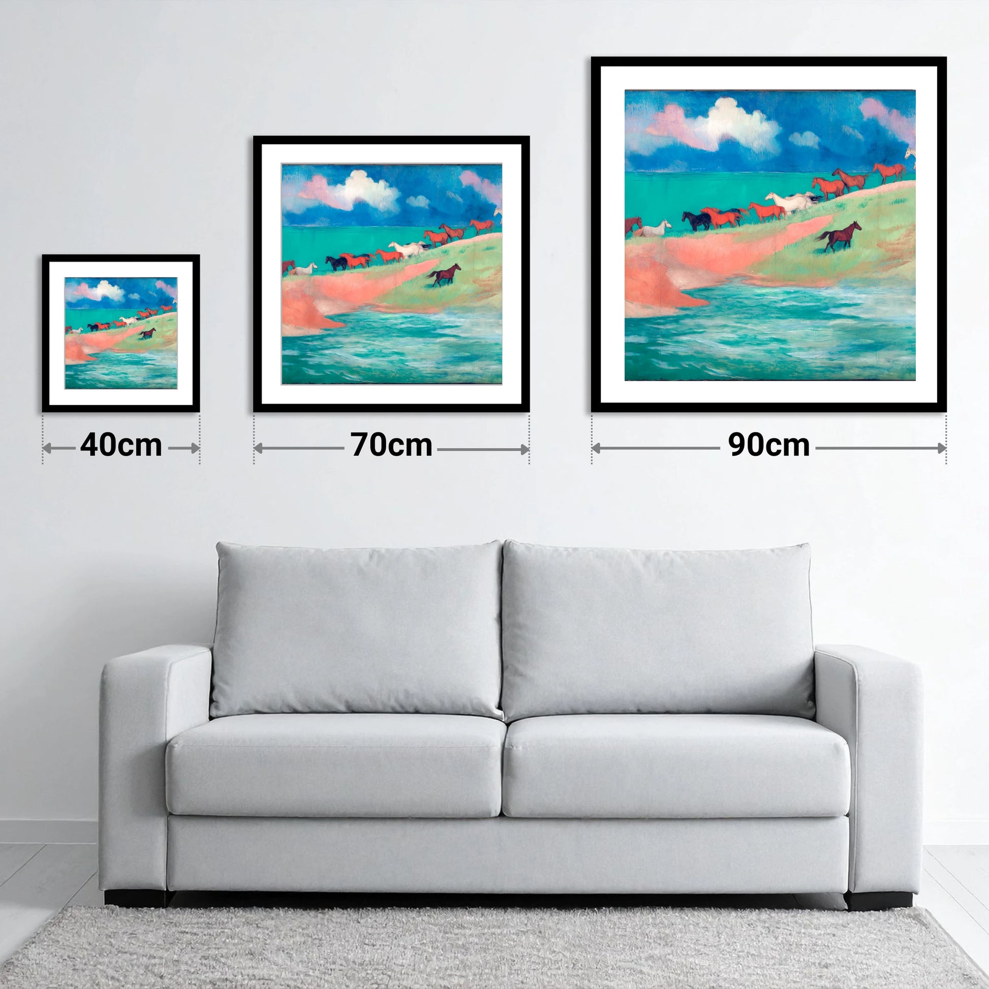 Spirited Coastal Herd - size guide showing 40cm, 70cm and 90cm art prints