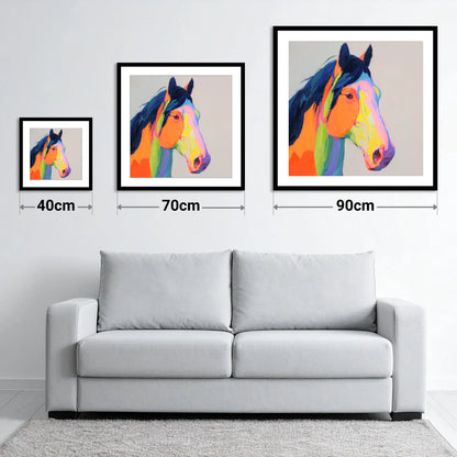 Technicolour Equine Profile - size guide showing 40cm, 70cm and 90cm art prints