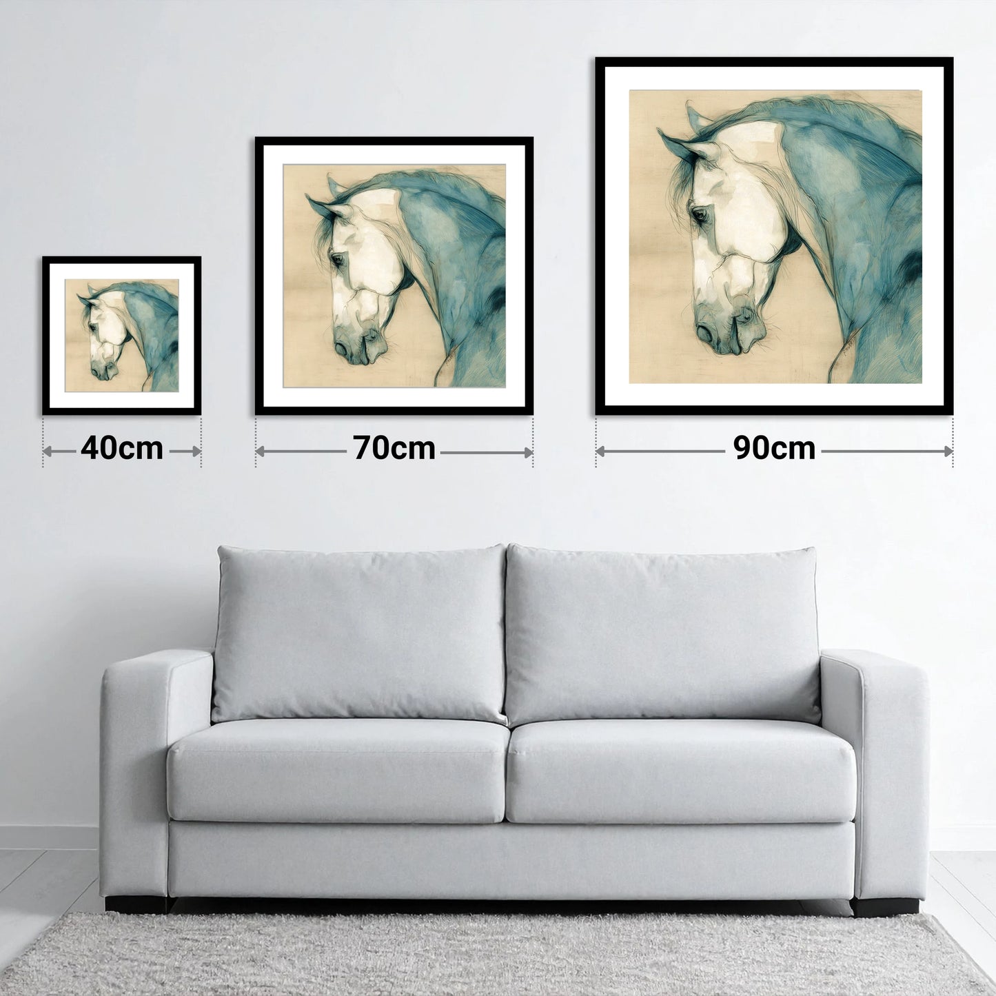 Teal Equine Study - size guide showing 40cm, 70cm and 90cm art prints