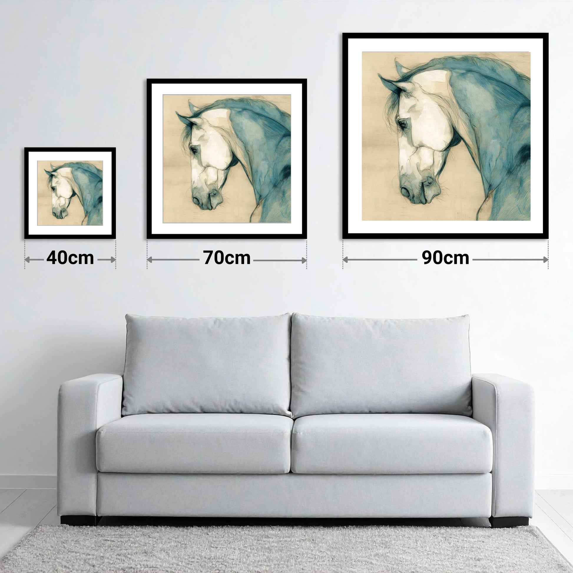 Teal Equine Study - size guide showing 40cm, 70cm and 90cm art prints