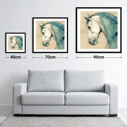 Teal Equine Study - size guide showing 40cm, 70cm and 90cm art prints