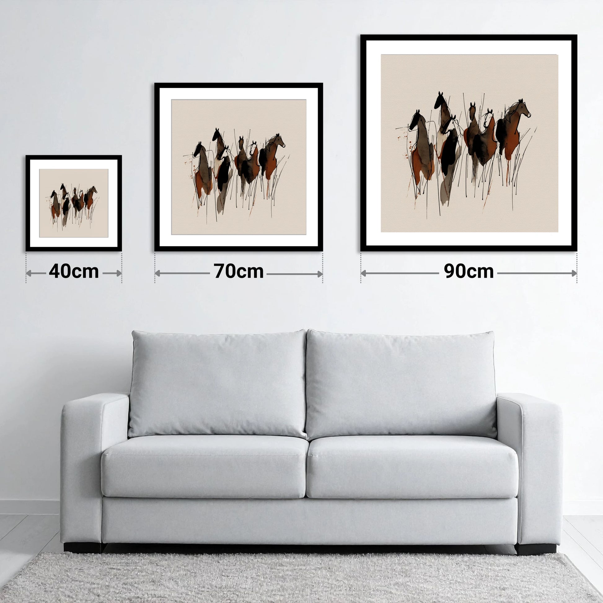Earthy Herd Silhouettes - size guide showing 40cm, 70cm and 90cm art prints