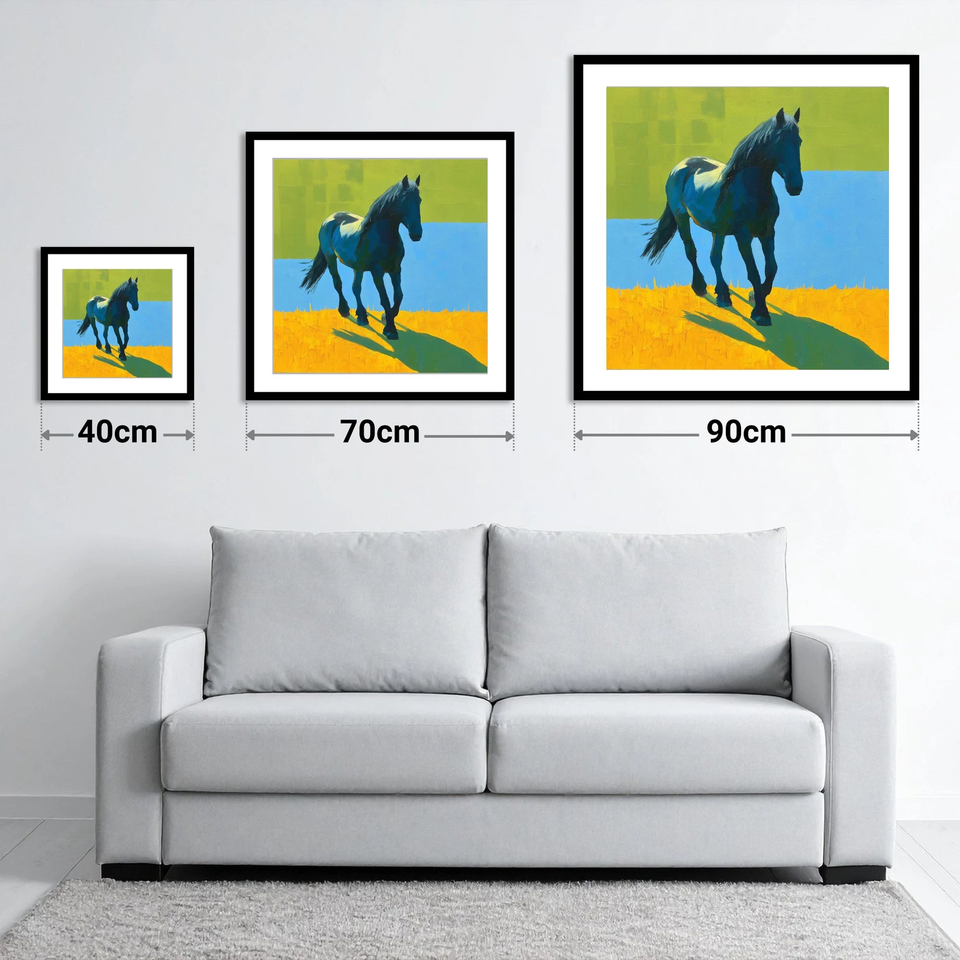 Indigo Cob in Summer Light - size guide showing 40cm, 70cm and 90cm art prints
