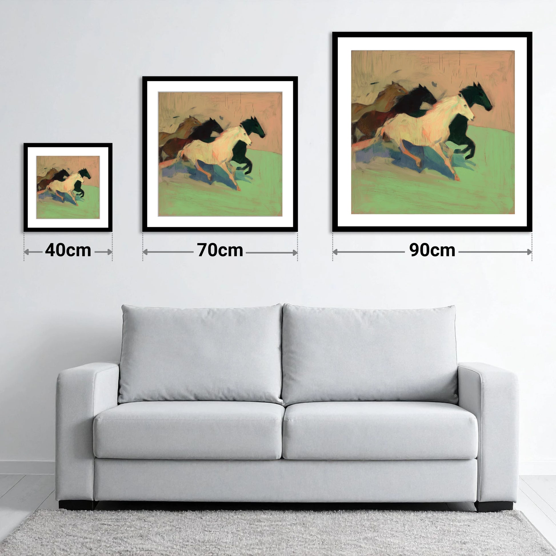 Ethereal Gallop - size guide showing 40cm, 70cm and 90cm art prints