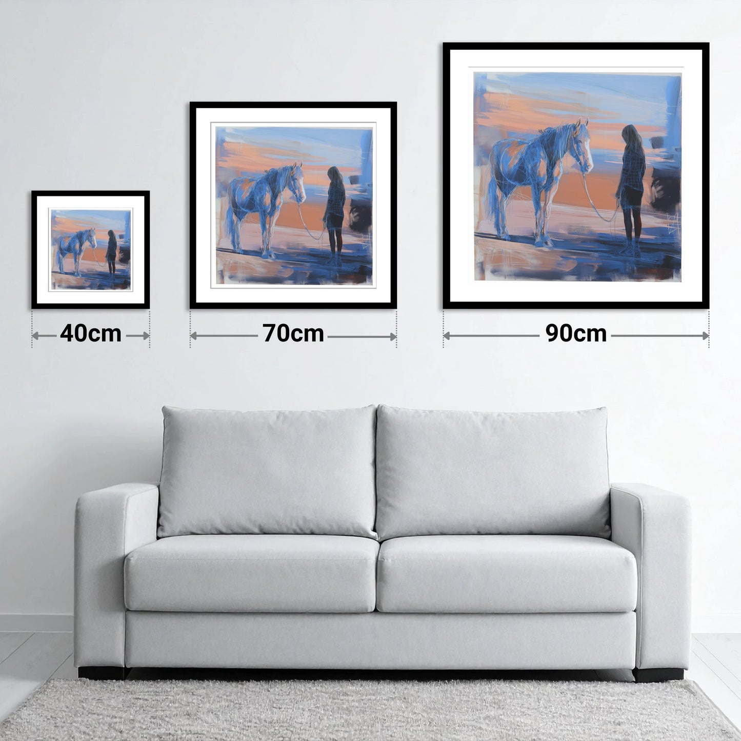 The Quiet Language - size guide showing 40cm, 70cm and 90cm art prints