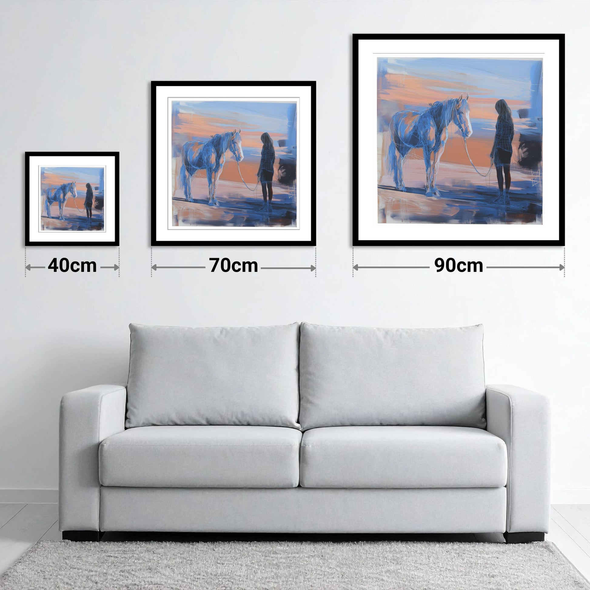 The Quiet Language - size guide showing 40cm, 70cm and 90cm art prints