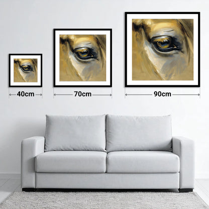 The Amber Gaze - size guide showing 40cm, 70cm and 90cm art prints