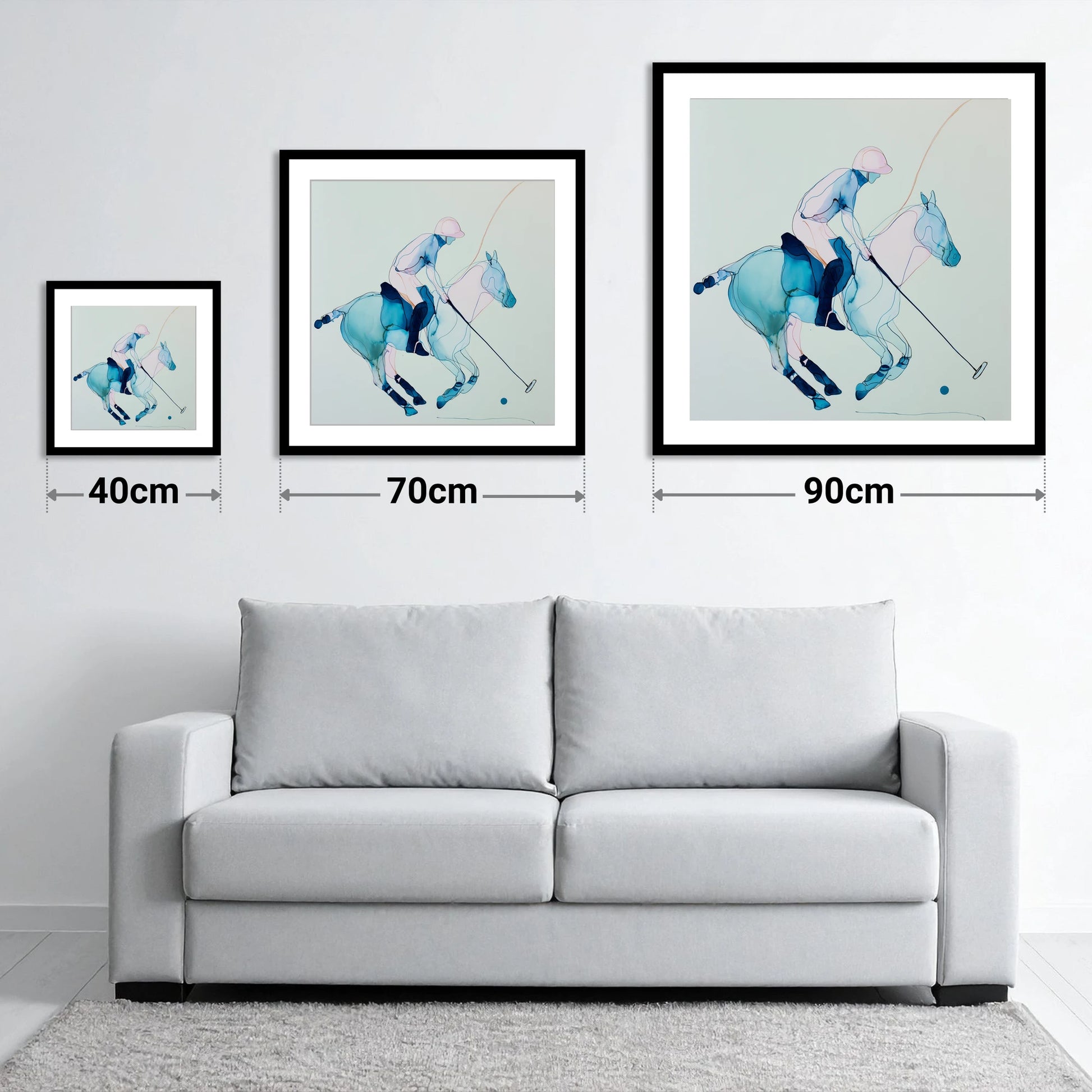 Cerulean Chukka - size guide showing 40cm, 70cm and 90cm art prints