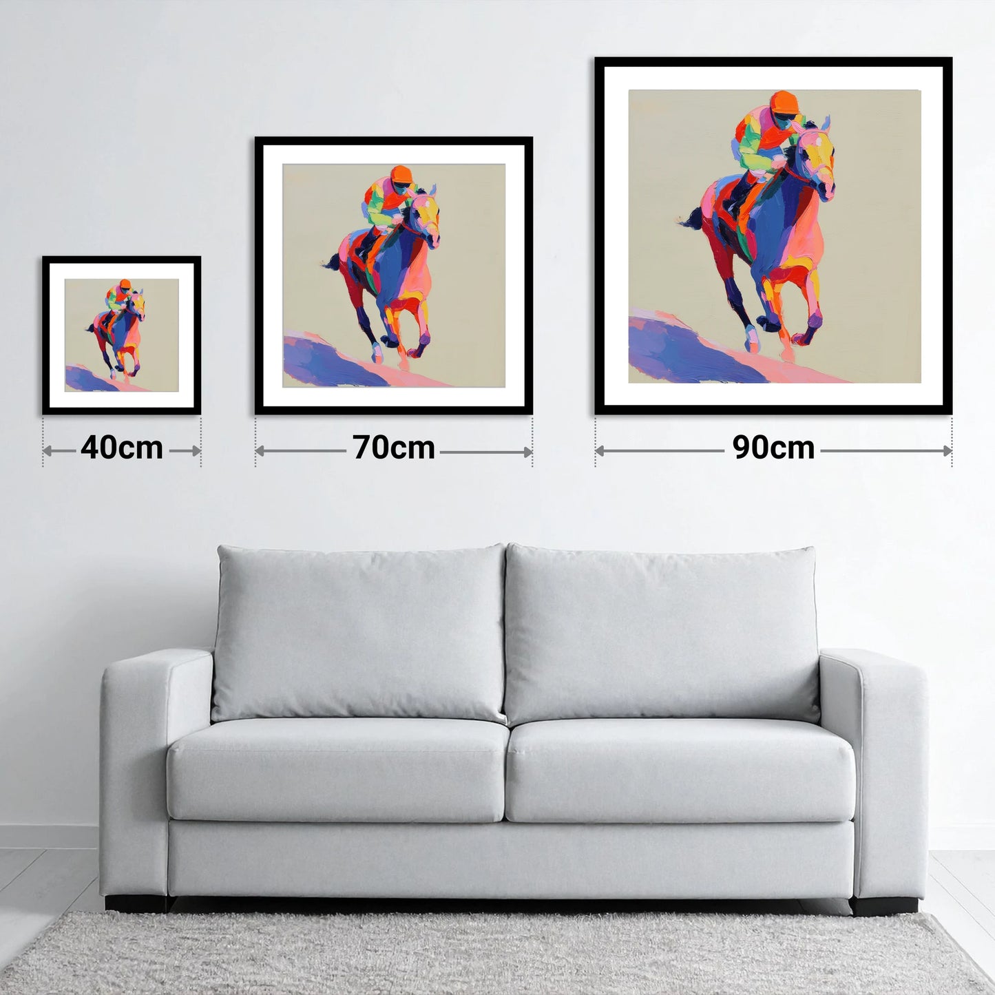 The Colour of Speed - size guide showing 40cm, 70cm and 90cm art prints