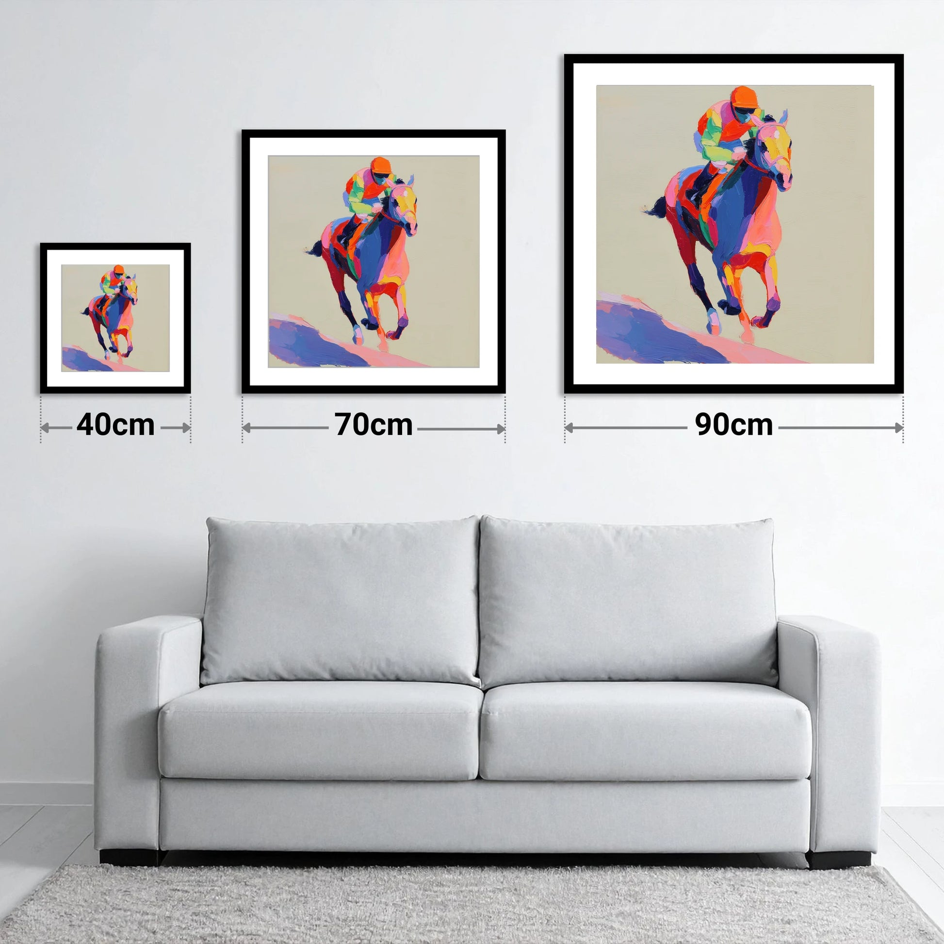 The Colour of Speed - size guide showing 40cm, 70cm and 90cm art prints