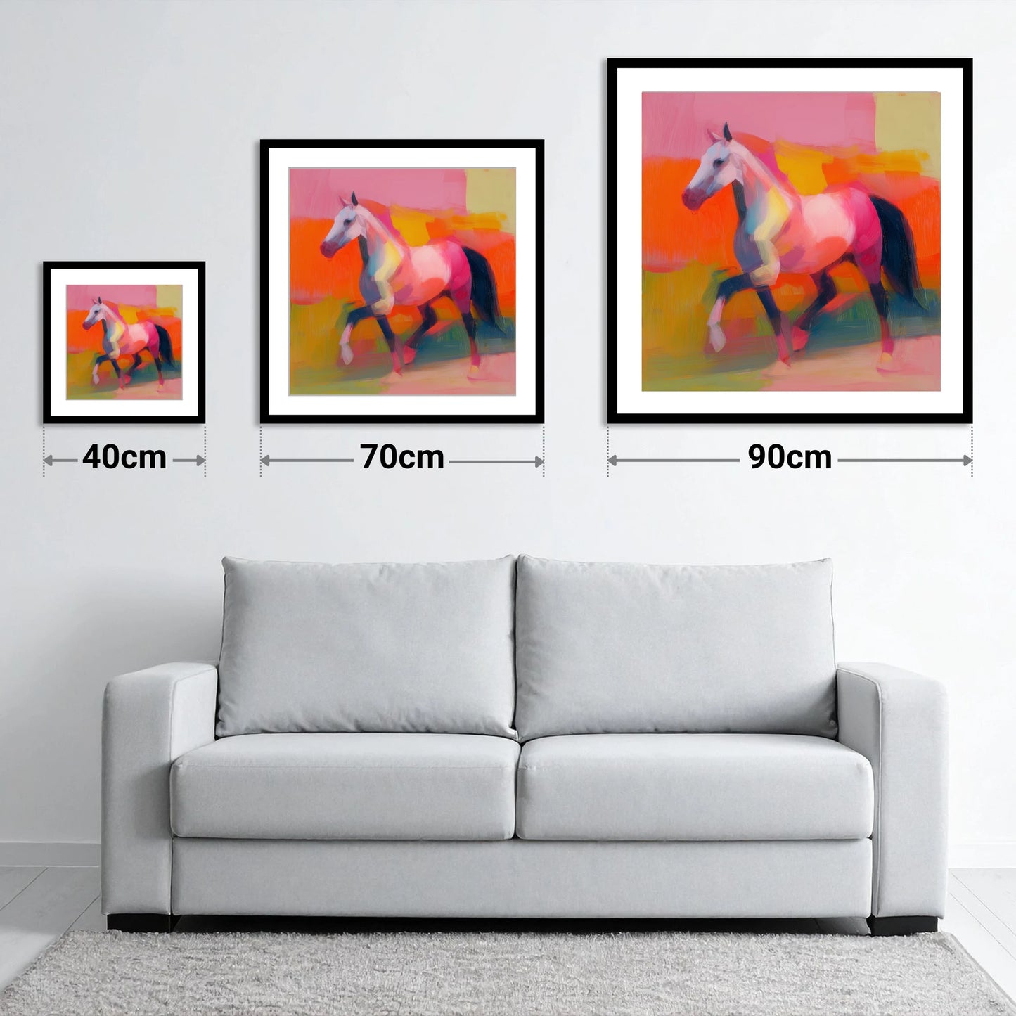 Vivid Equine Stride - size guide showing 40cm, 70cm and 90cm art prints