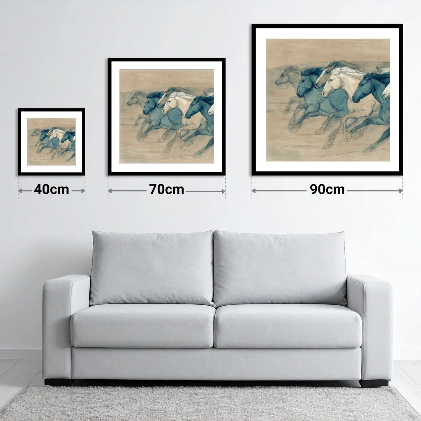 Rhythm of the Herd - size guide showing 40cm, 70cm and 90cm art prints