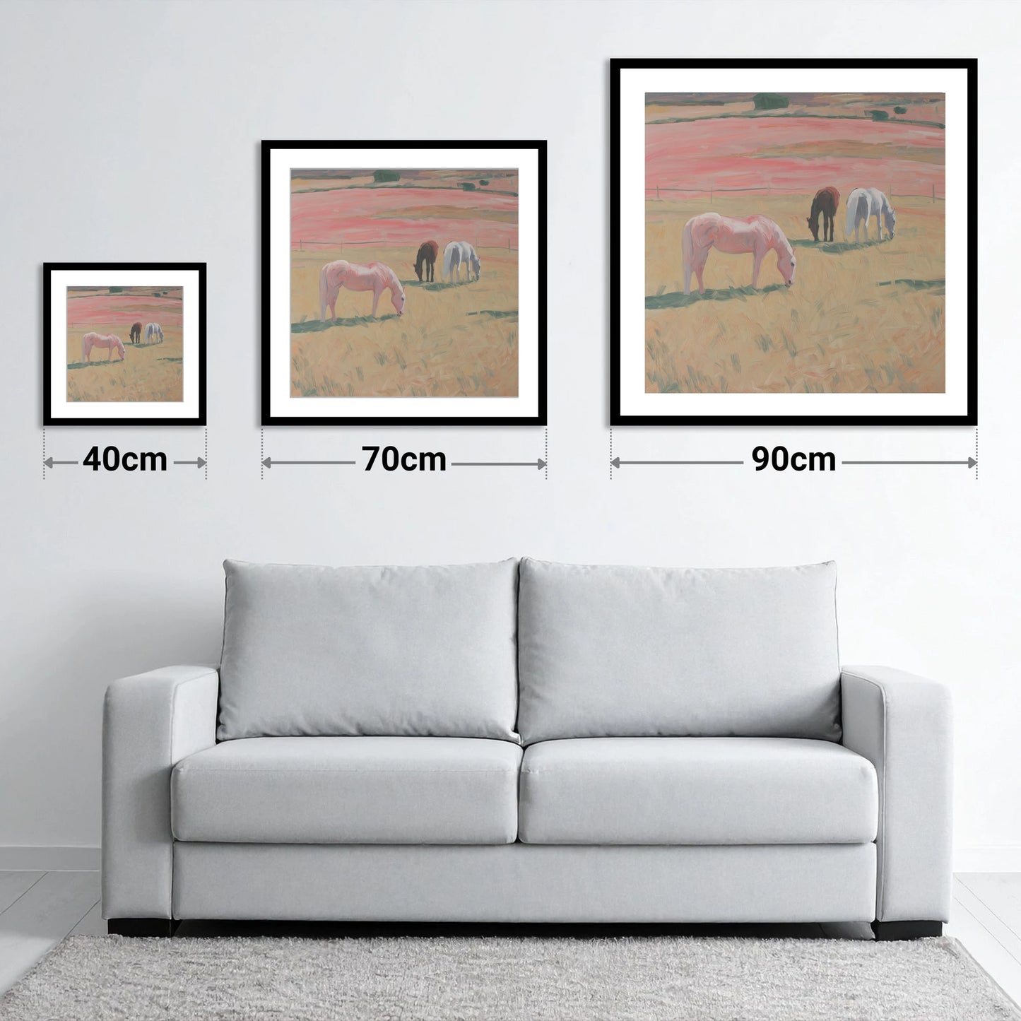 Dusky Meadow Grazing - size guide showing 40cm, 70cm and 90cm art prints