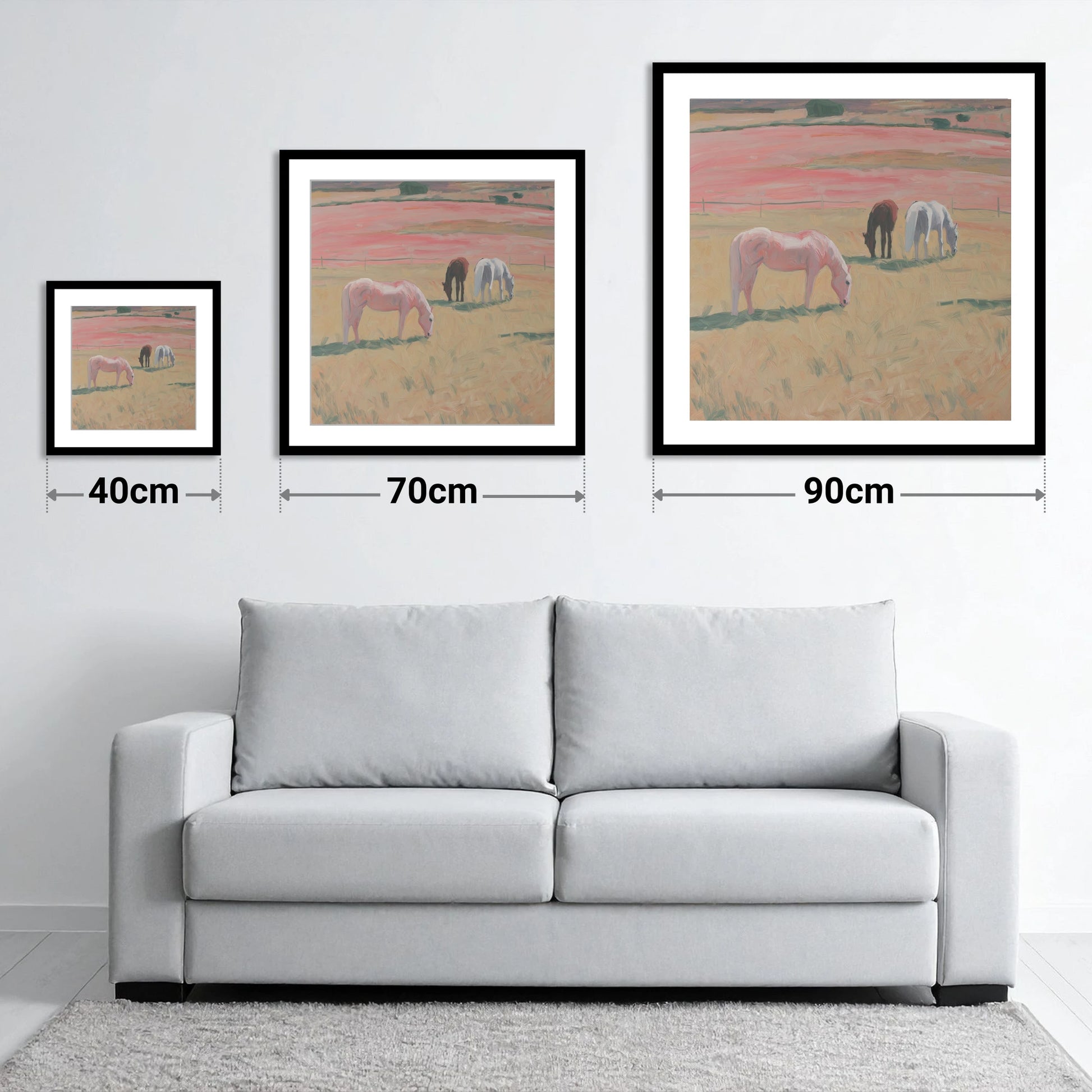 Dusky Meadow Grazing - size guide showing 40cm, 70cm and 90cm art prints