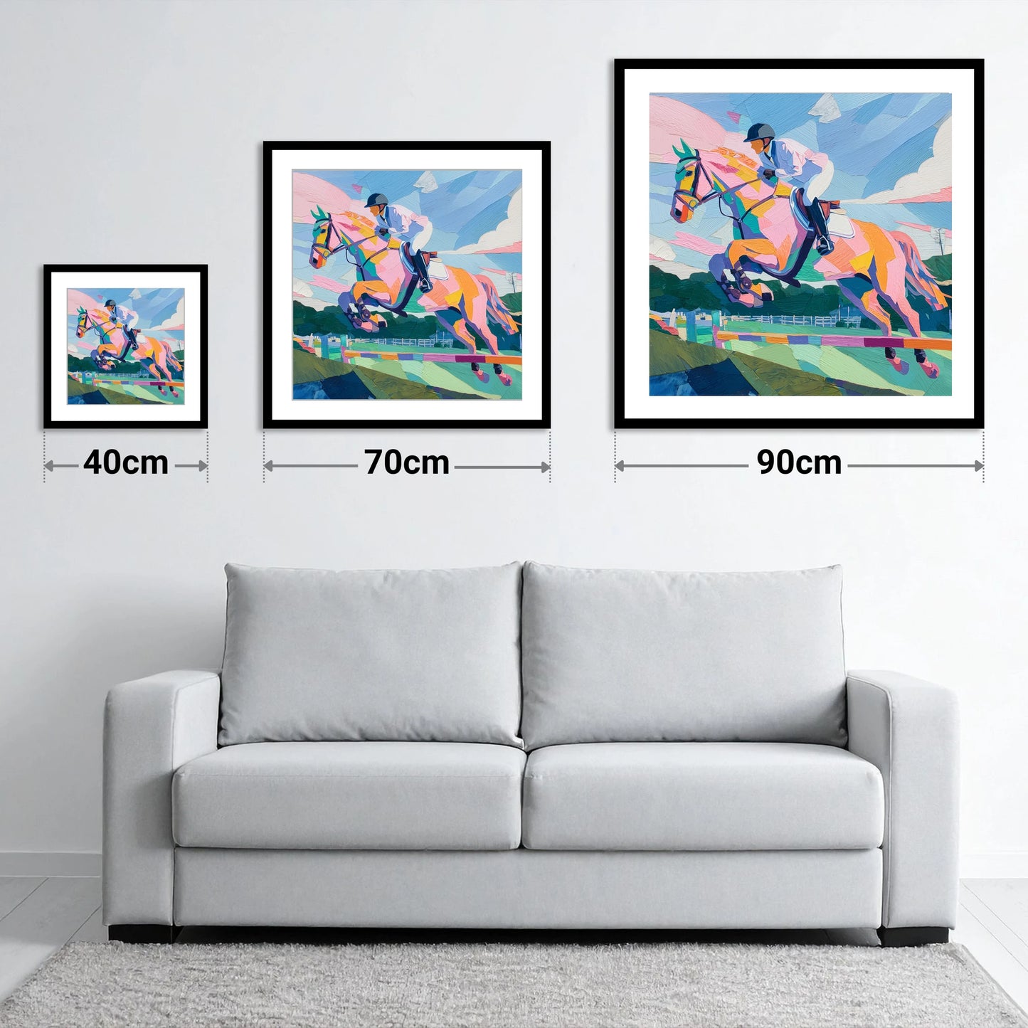 Kaleidoscope Leap - size guide showing 40cm, 70cm and 90cm art prints