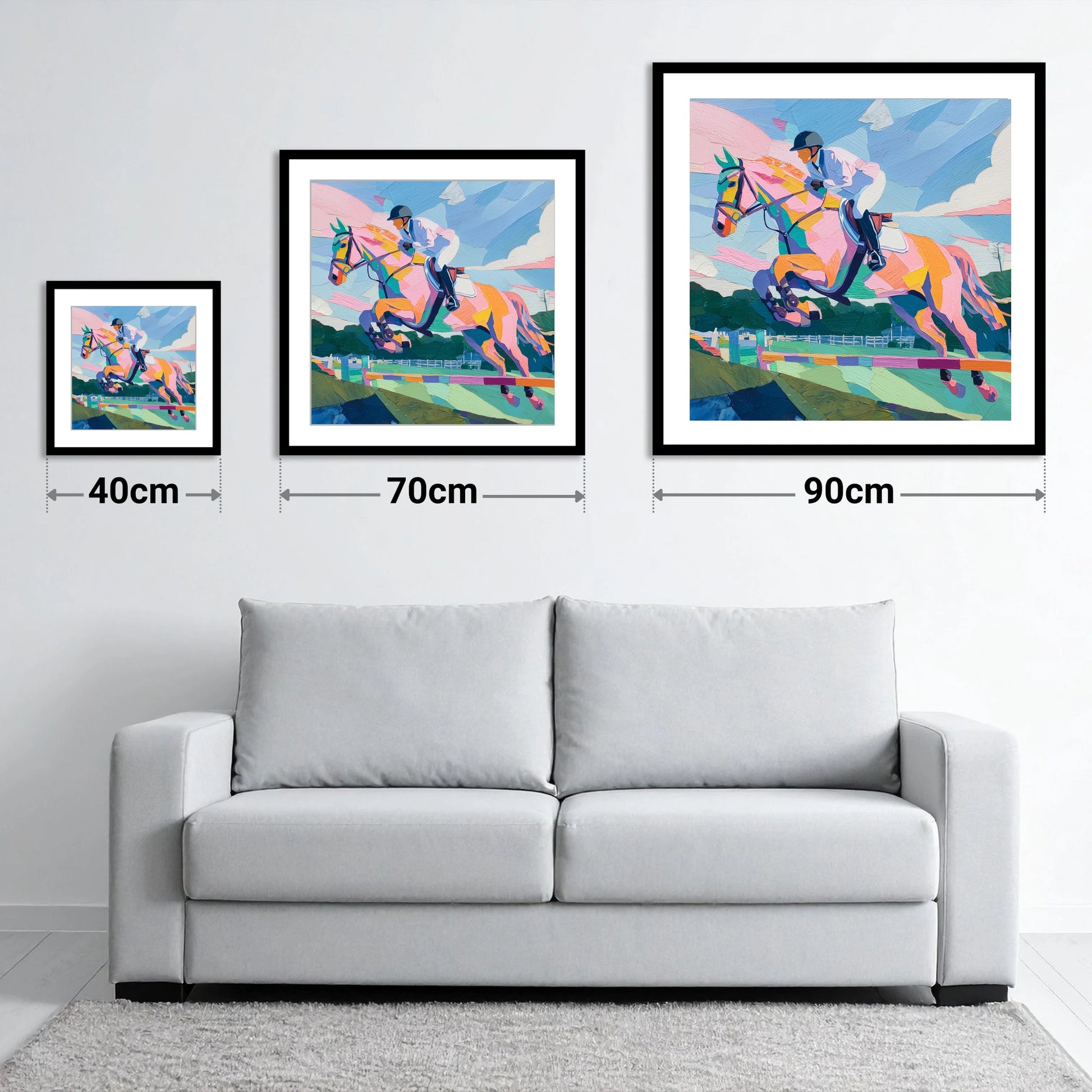 Kaleidoscope Leap - size guide showing 40cm, 70cm and 90cm art prints